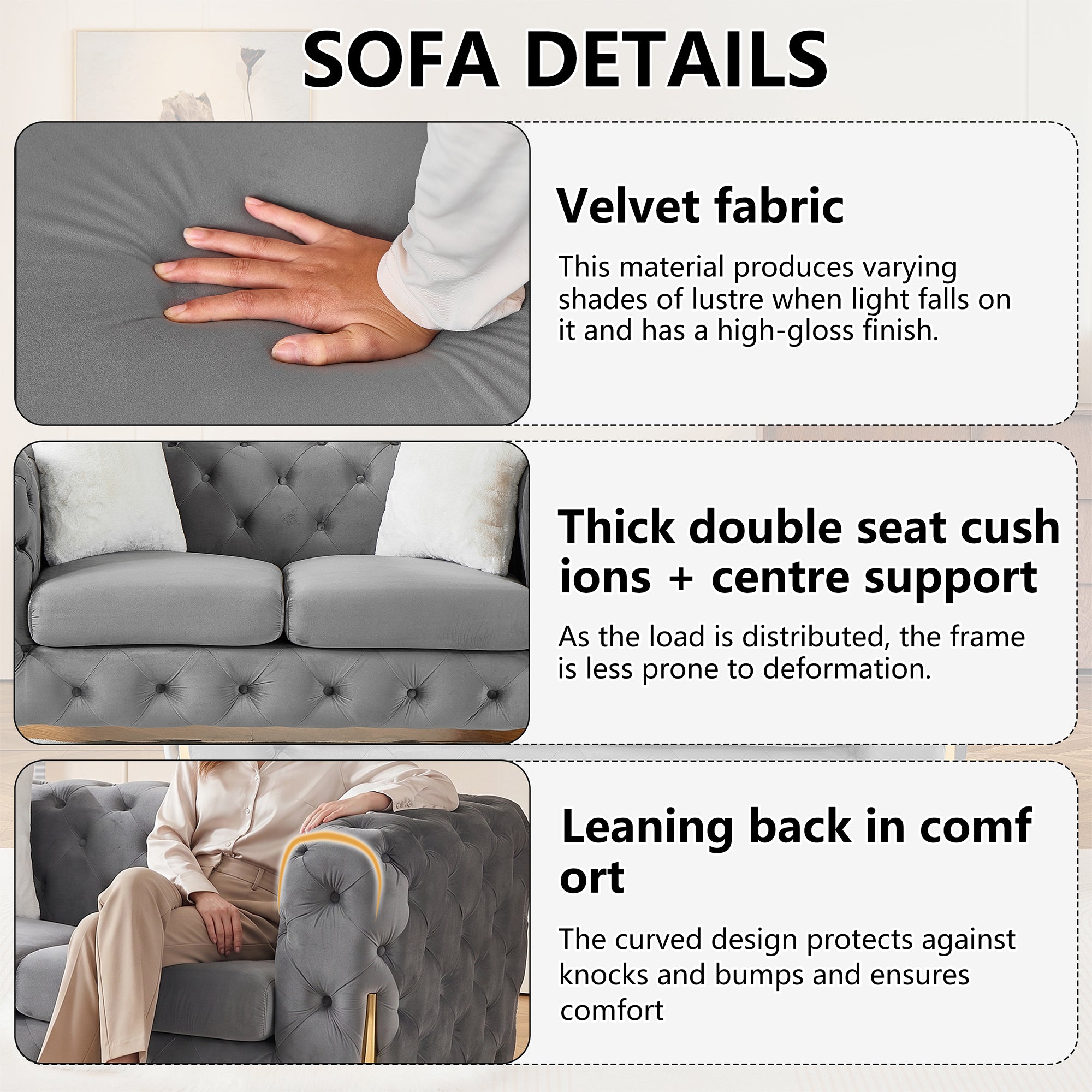 Grey 2S Chesterfield Sofa, Tufted Velvet Sofa, 2 Seater Sofa, Living Room Couch, Classic Button Tuft Sofa