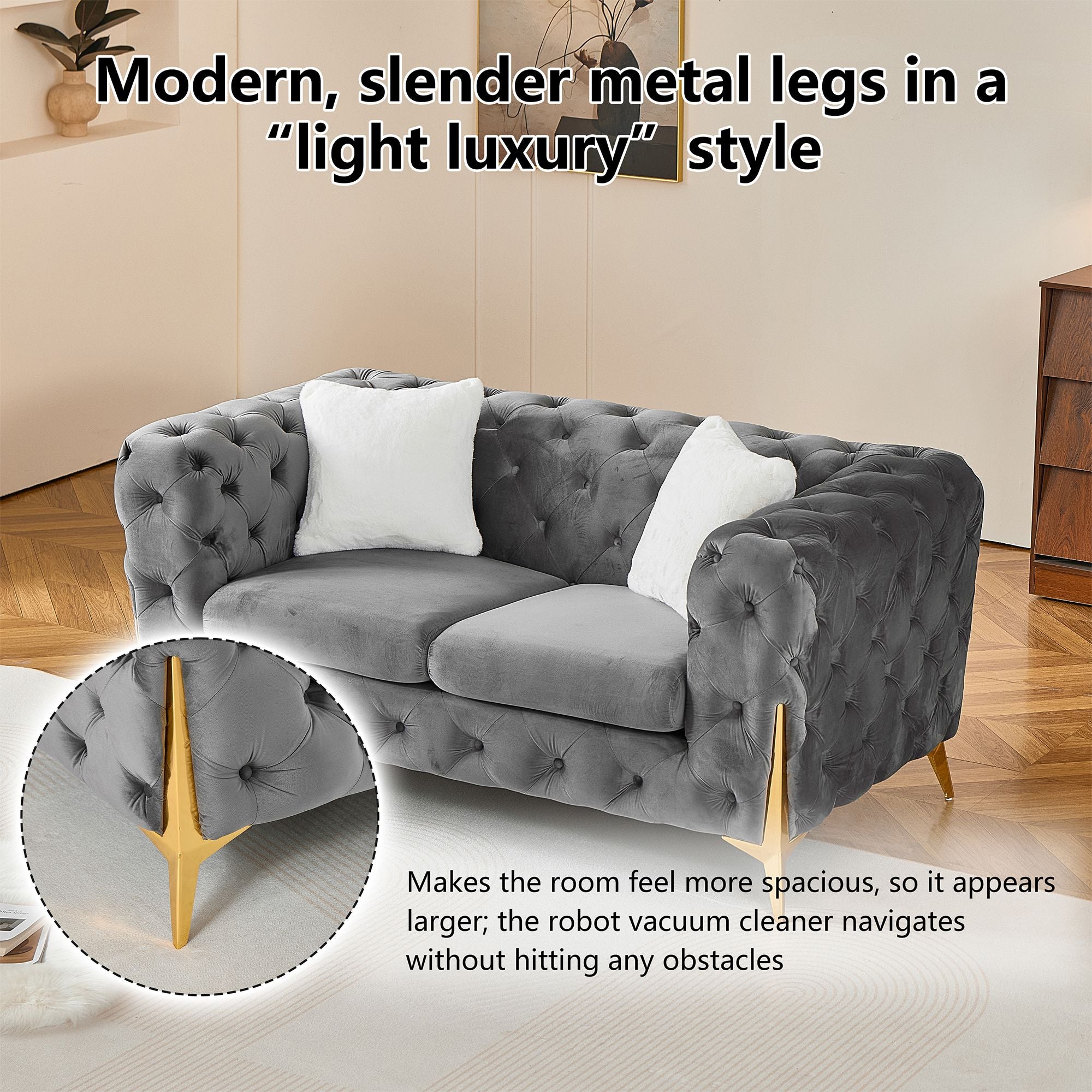 Grey 2S Chesterfield Sofa, Tufted Velvet Sofa, 2 Seater Sofa, Living Room Couch, Classic Button Tuft Sofa