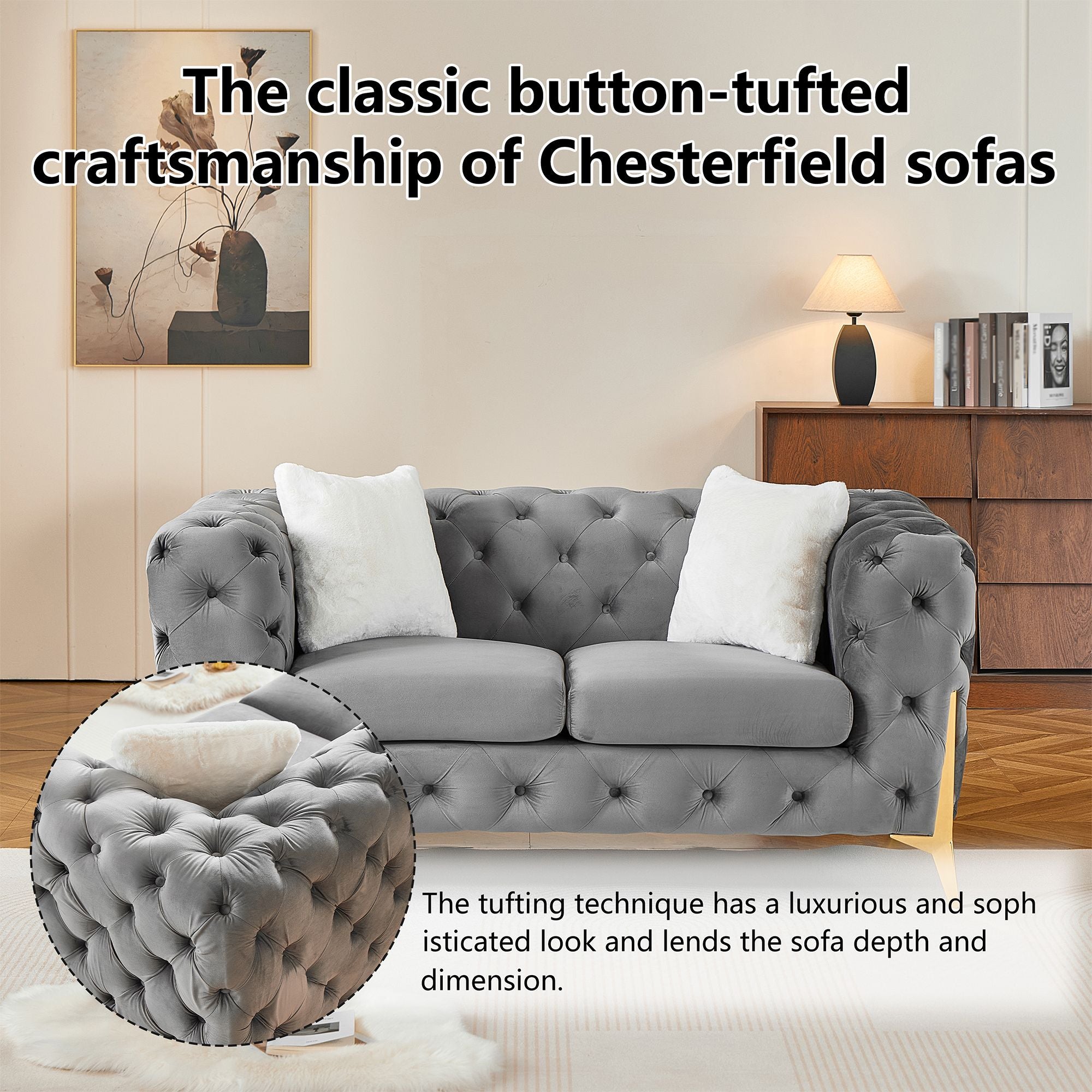 Grey 2S Chesterfield Sofa, Tufted Velvet Sofa, 2 Seater Sofa, Living Room Couch, Classic Button Tuft Sofa
