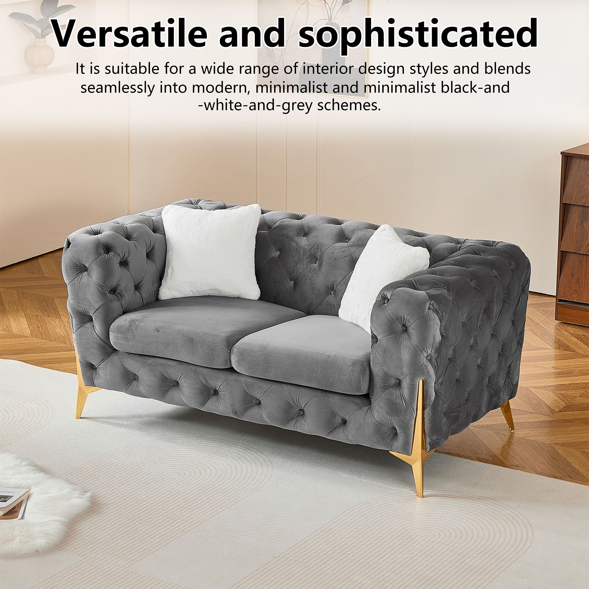 Grey 2S Chesterfield Sofa, Tufted Velvet Sofa, 2 Seater Sofa, Living Room Couch, Classic Button Tuft Sofa