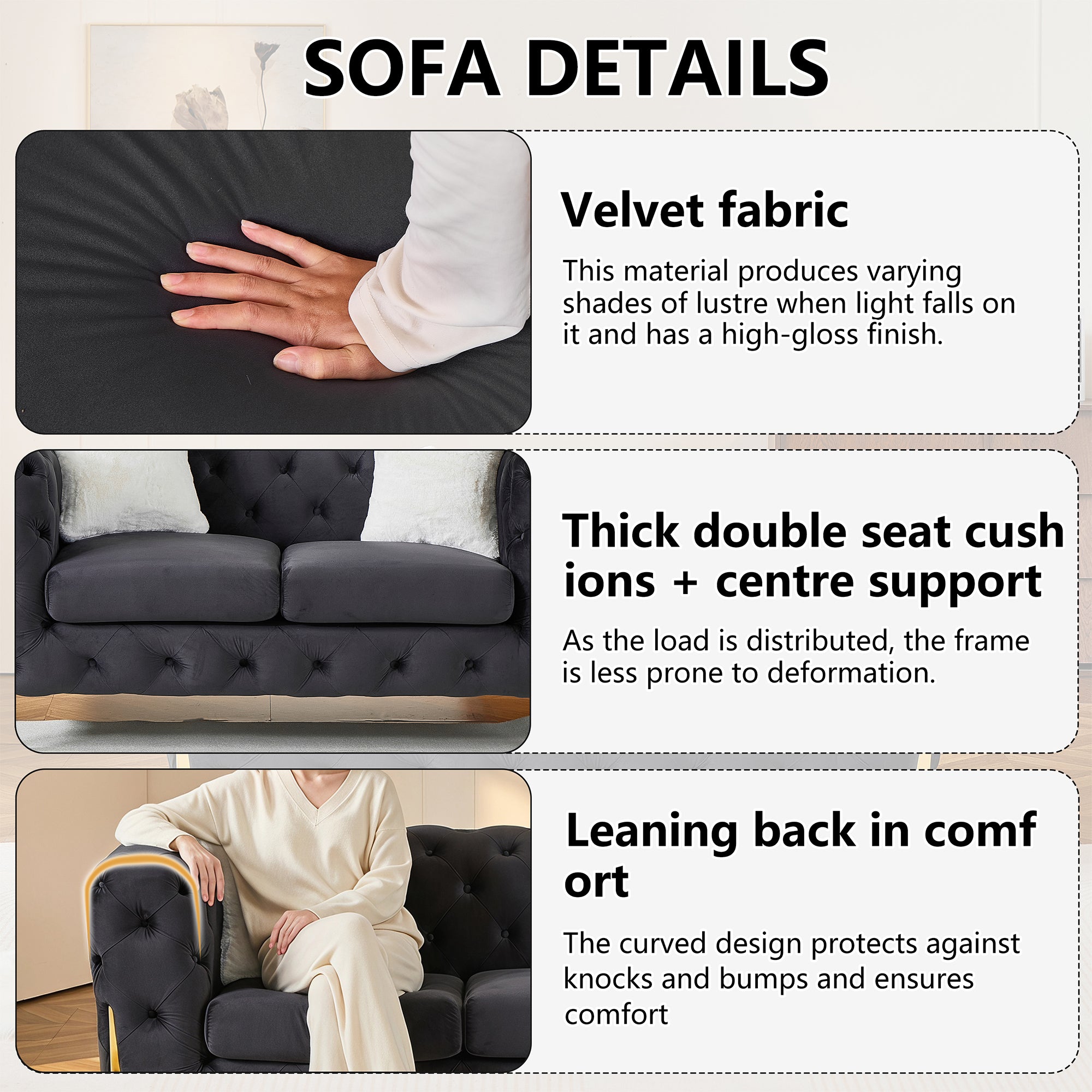 Black 2S Chesterfield Sofa, Tufted Velvet Sofa, 2 Seater Sofa, Living Room Couch, Classic Button Tuft Sofa