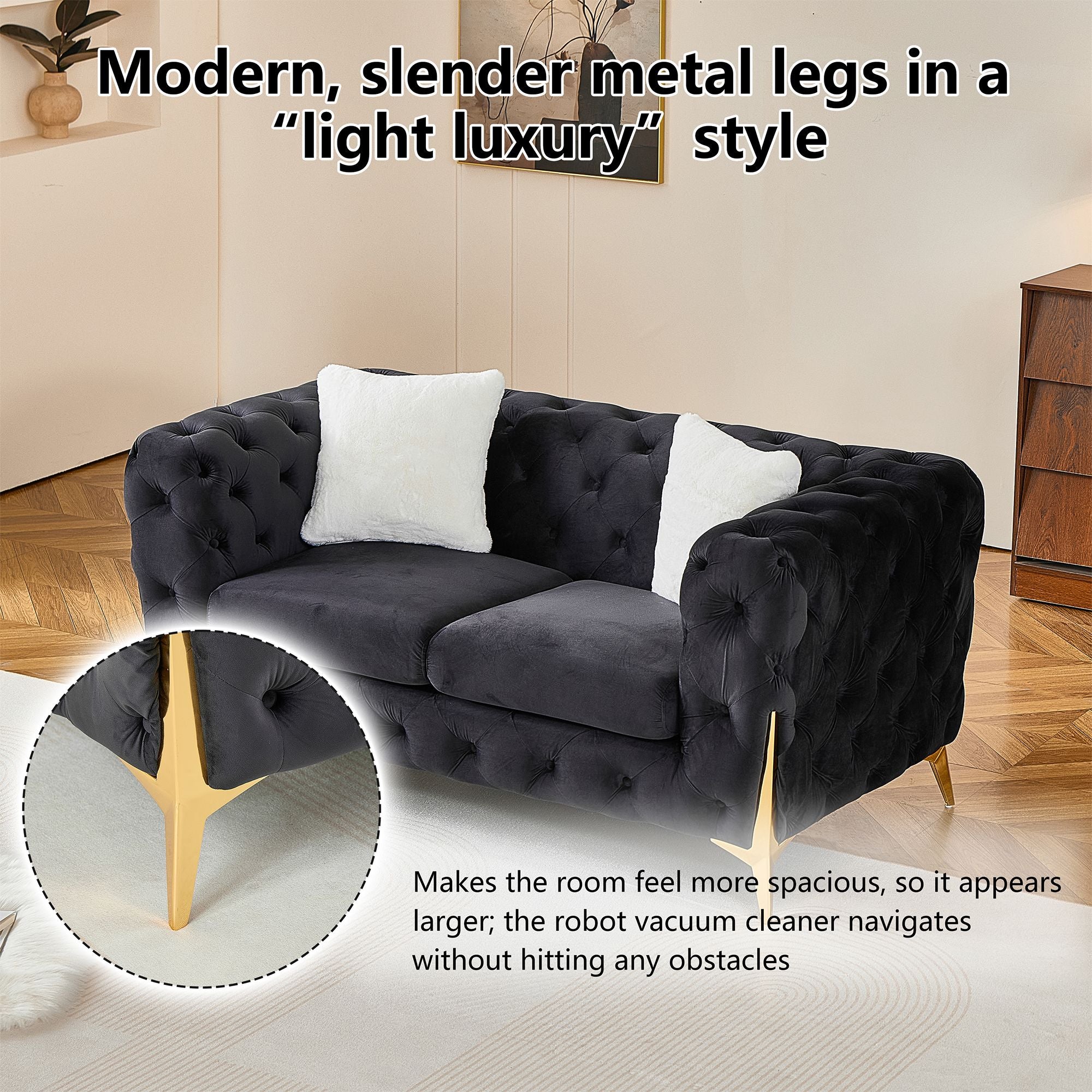 Black 2S Chesterfield Sofa, Tufted Velvet Sofa, 2 Seater Sofa, Living Room Couch, Classic Button Tuft Sofa