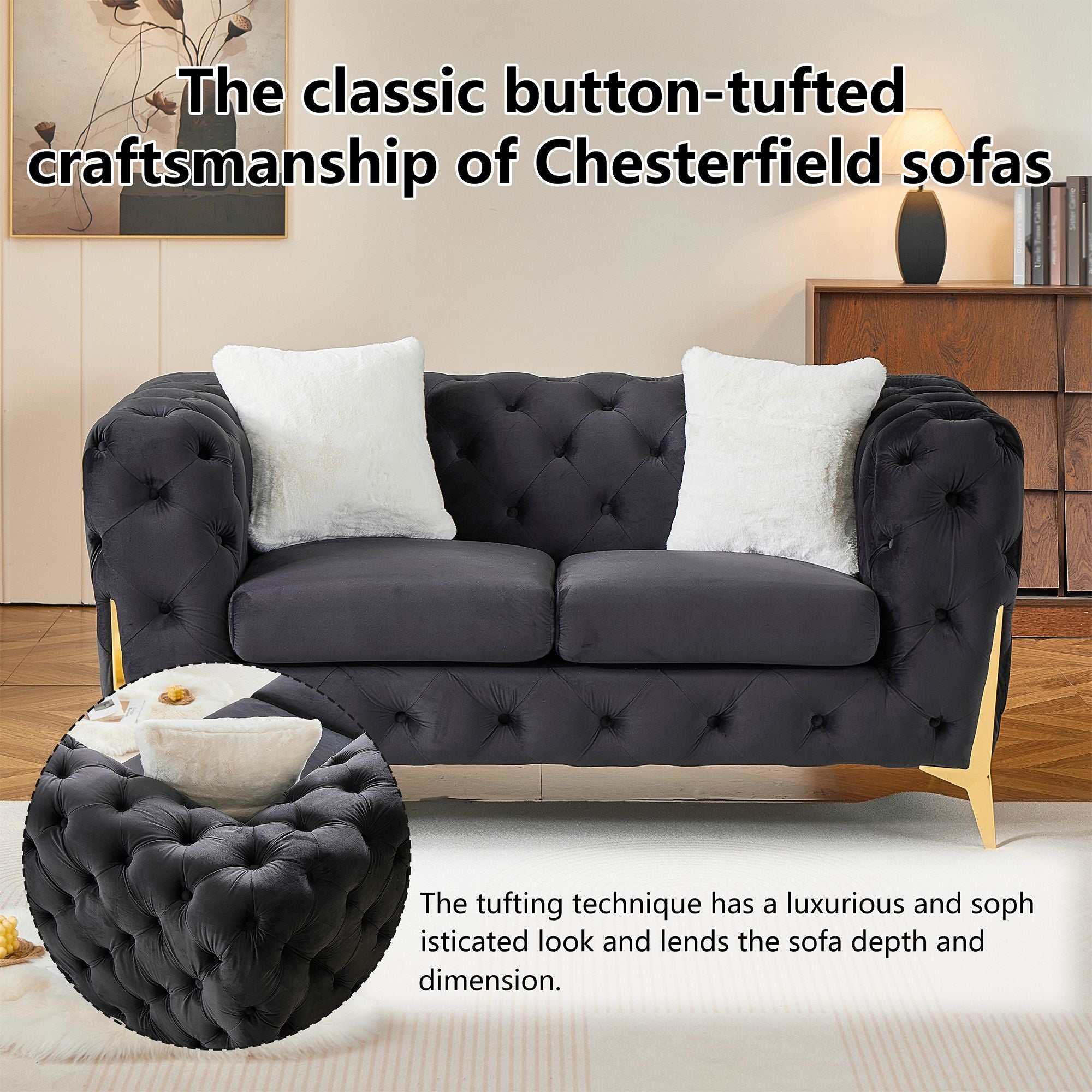 Black 2S Chesterfield Sofa, Tufted Velvet Sofa, 2 Seater Sofa, Living Room Couch, Classic Button Tuft Sofa