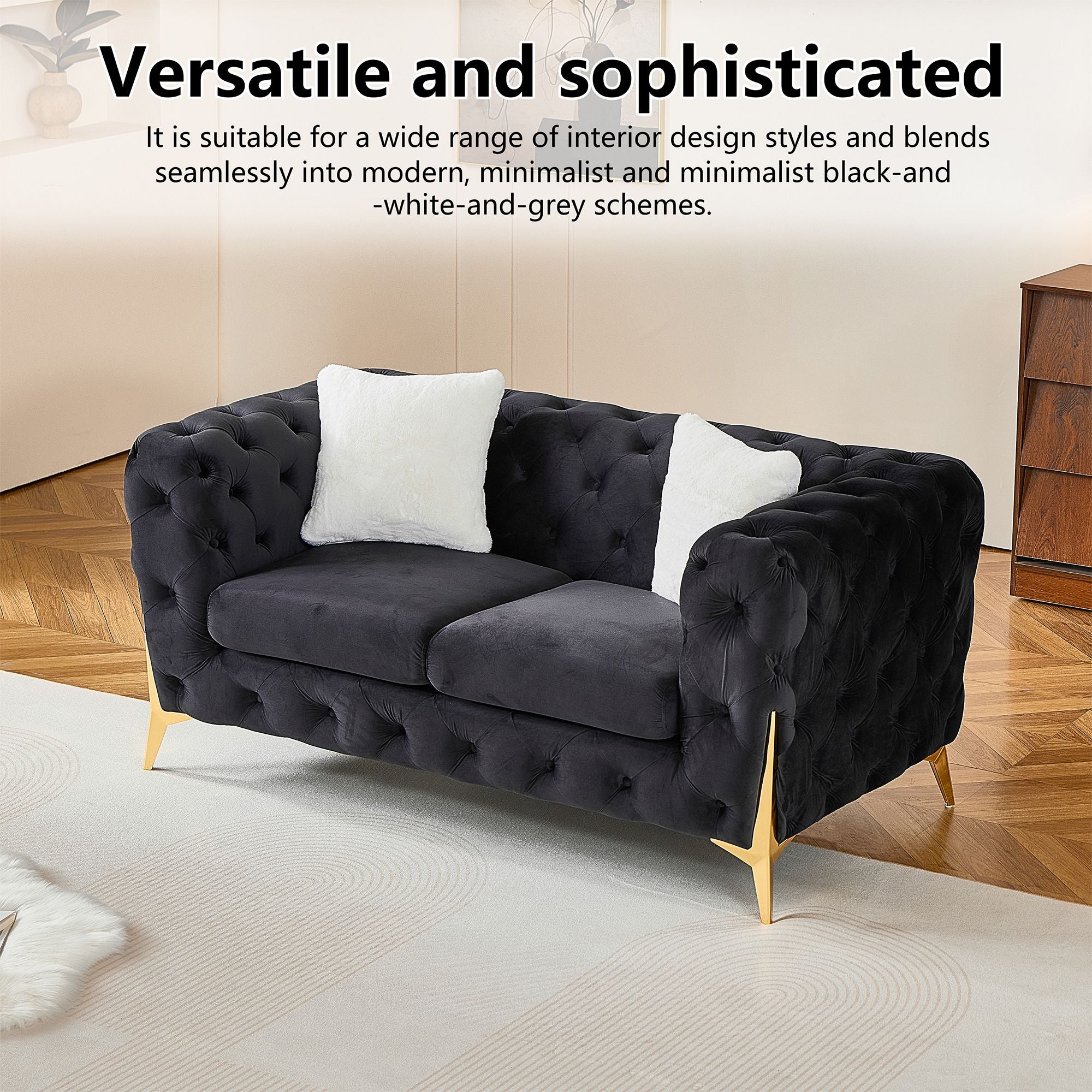 Black 2S Chesterfield Sofa, Tufted Velvet Sofa, 2 Seater Sofa, Living Room Couch, Classic Button Tuft Sofa