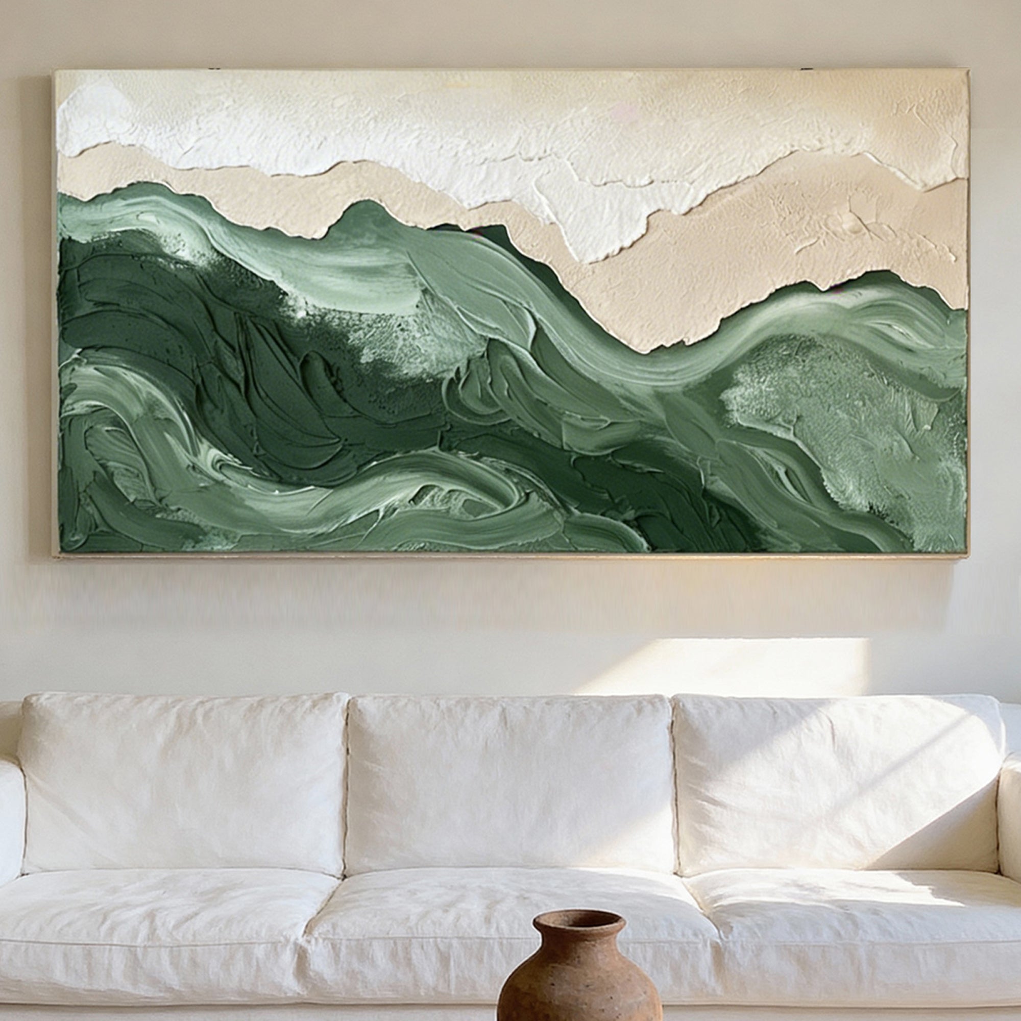 Pure Handmade Abstract Green Textured Ocean Wave Linen Canvas Oil Painting