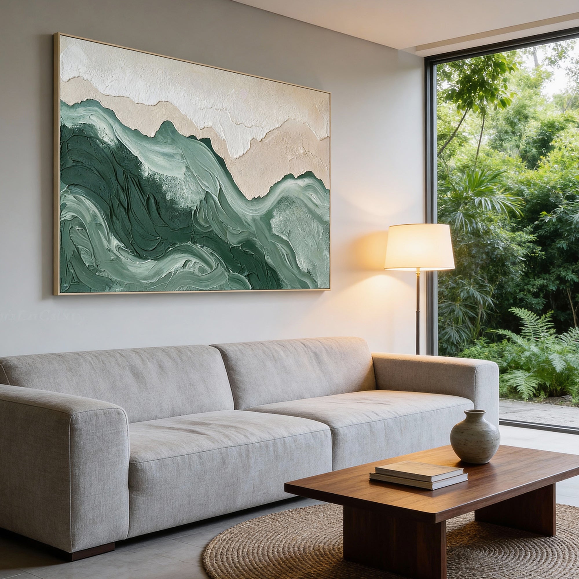 Pure Handmade Abstract Green Textured Ocean Wave Linen Canvas Oil Painting