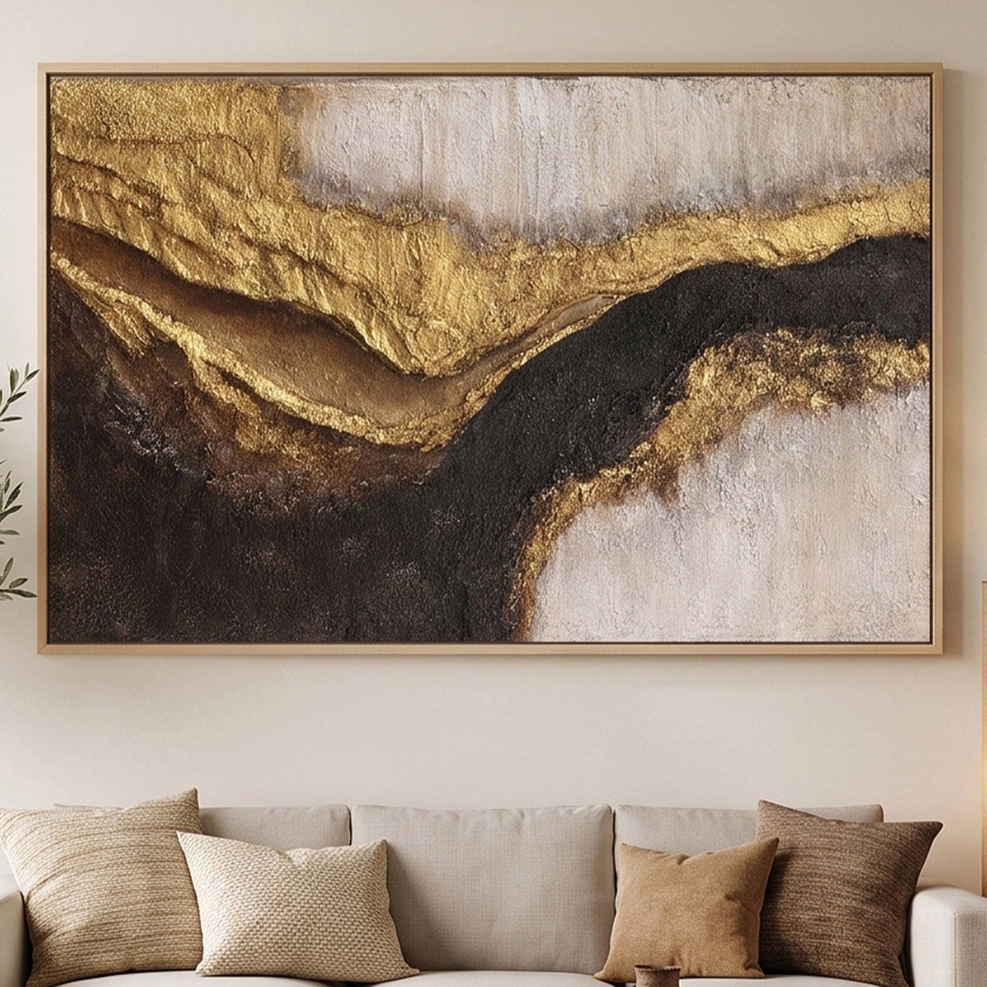 Pure Handmade Brown Gold Abstract Textured Linen Oil Painting