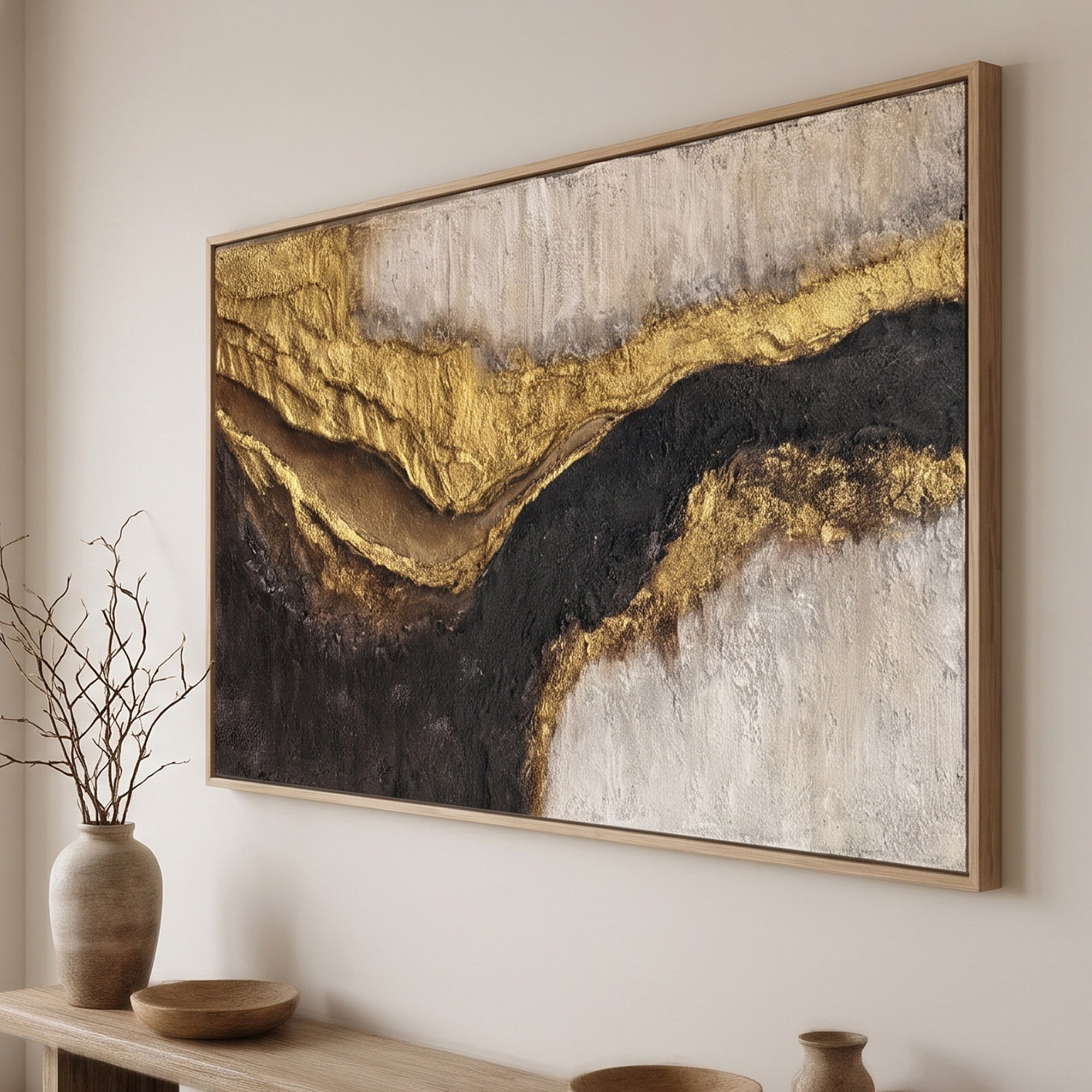 Pure Handmade Brown Gold Abstract Textured Linen Oil Painting
