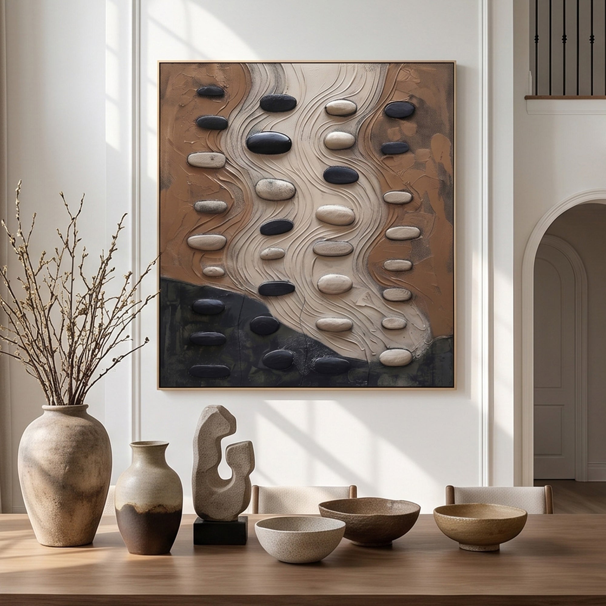 Pure Handmade Wabi Sabi Neutral 3D Stone Impasto Abstract Oil Painting