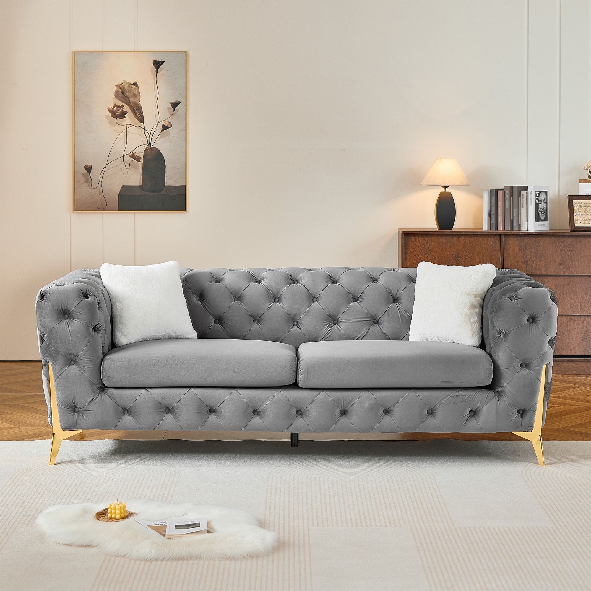 Grey 3S Chesterfield Sofa, Tufted Velvet Sofa, 3 Seater Sofa, Living Room Couch, Classic Button Tuft Sofa