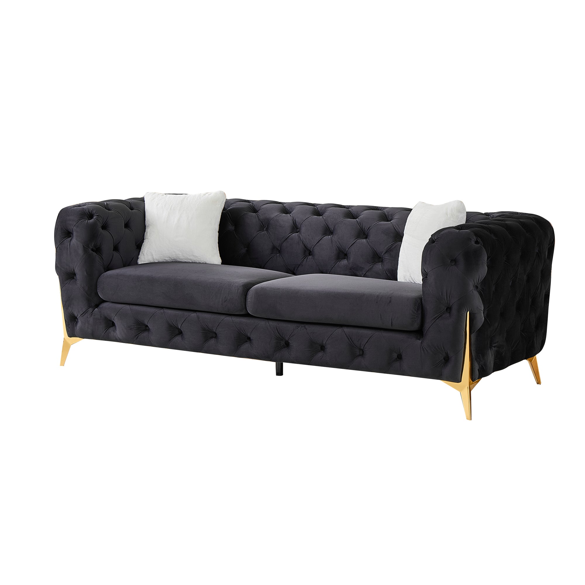 Black 3S Chesterfield Sofa, Tufted Velvet Sofa, 3 Seater Sofa, Living Room Couch, Classic Button Tuft Sofa