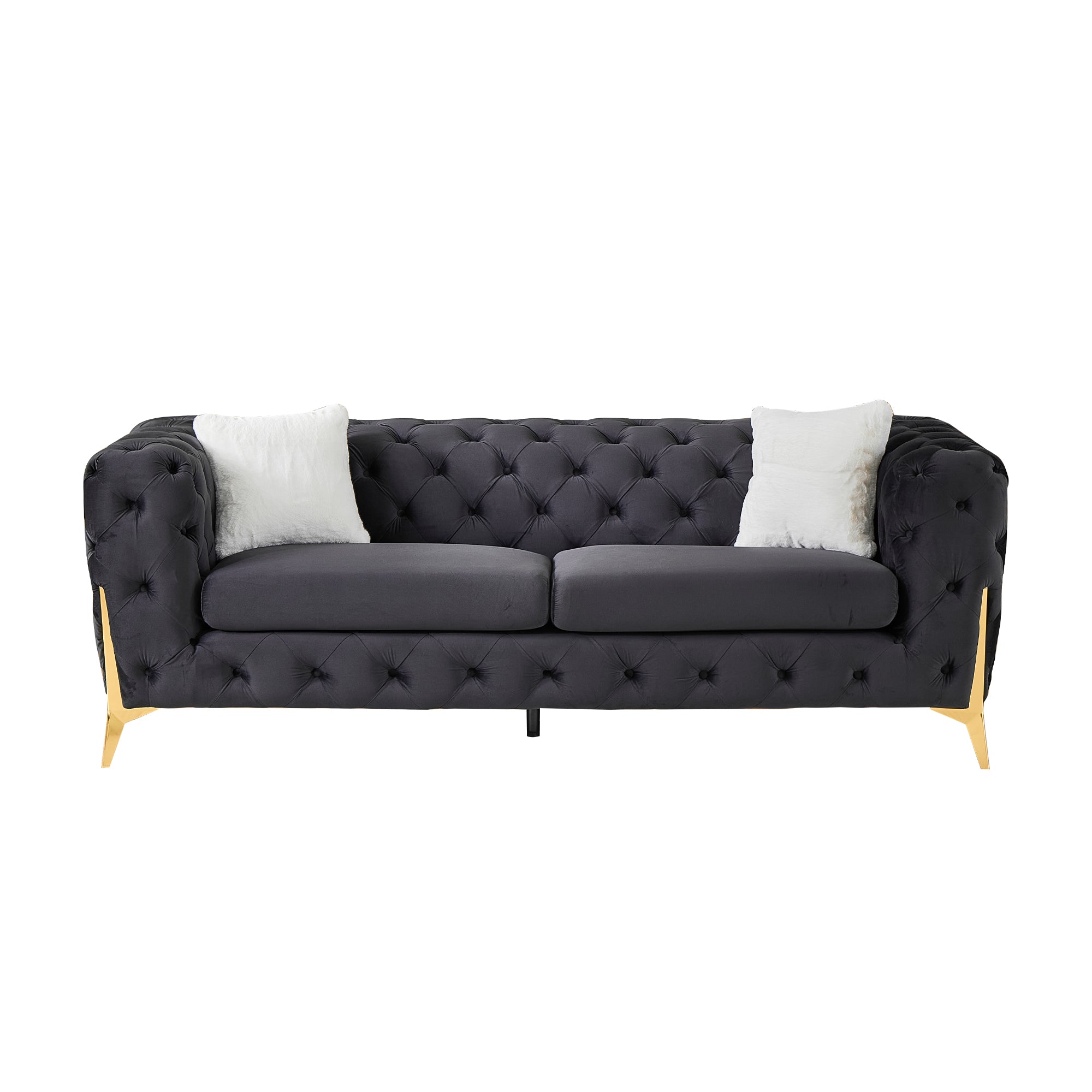 Black 3S Chesterfield Sofa, Tufted Velvet Sofa, 3 Seater Sofa, Living Room Couch, Classic Button Tuft Sofa