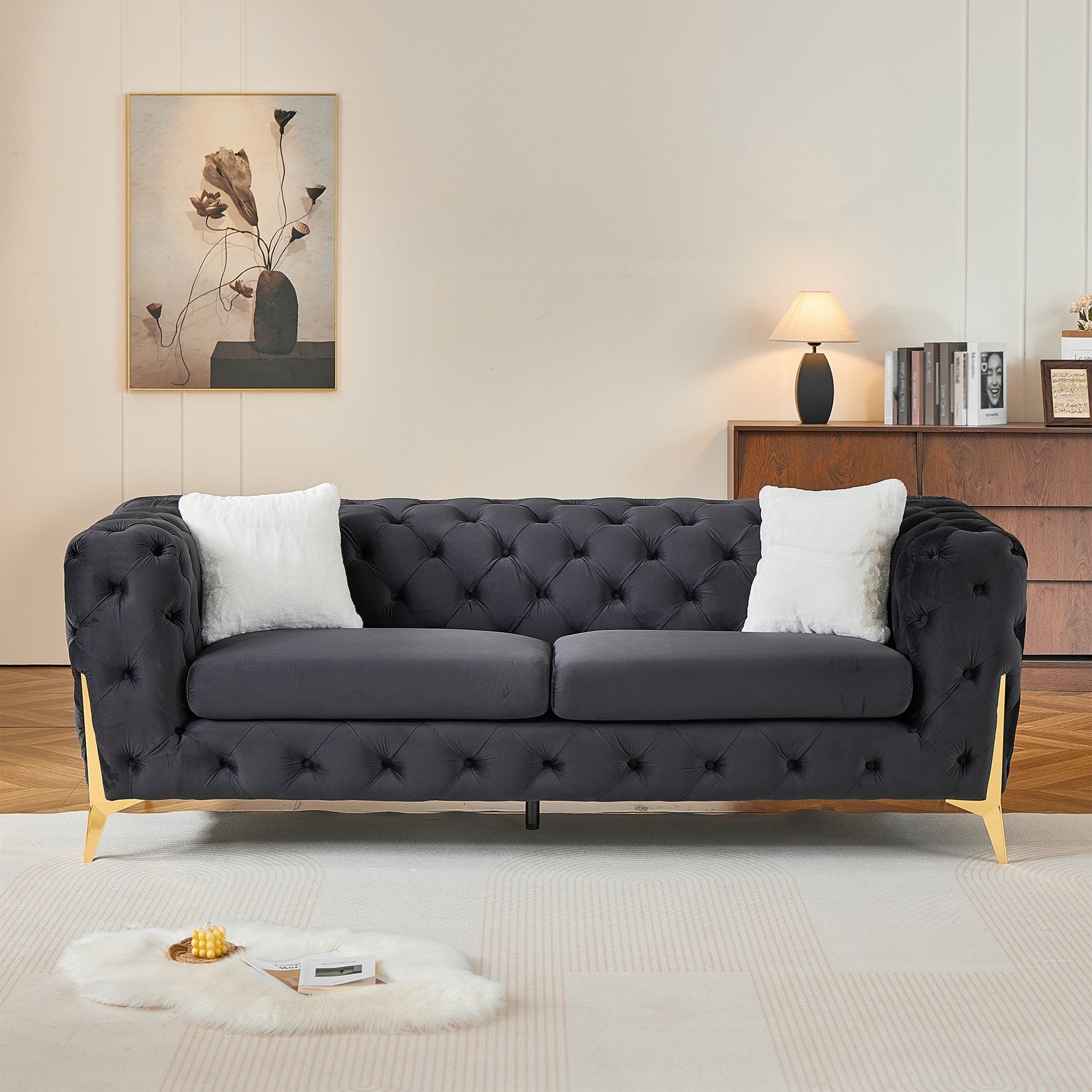 Black 3S Chesterfield Sofa, Tufted Velvet Sofa, 3 Seater Sofa, Living Room Couch, Classic Button Tuft Sofa