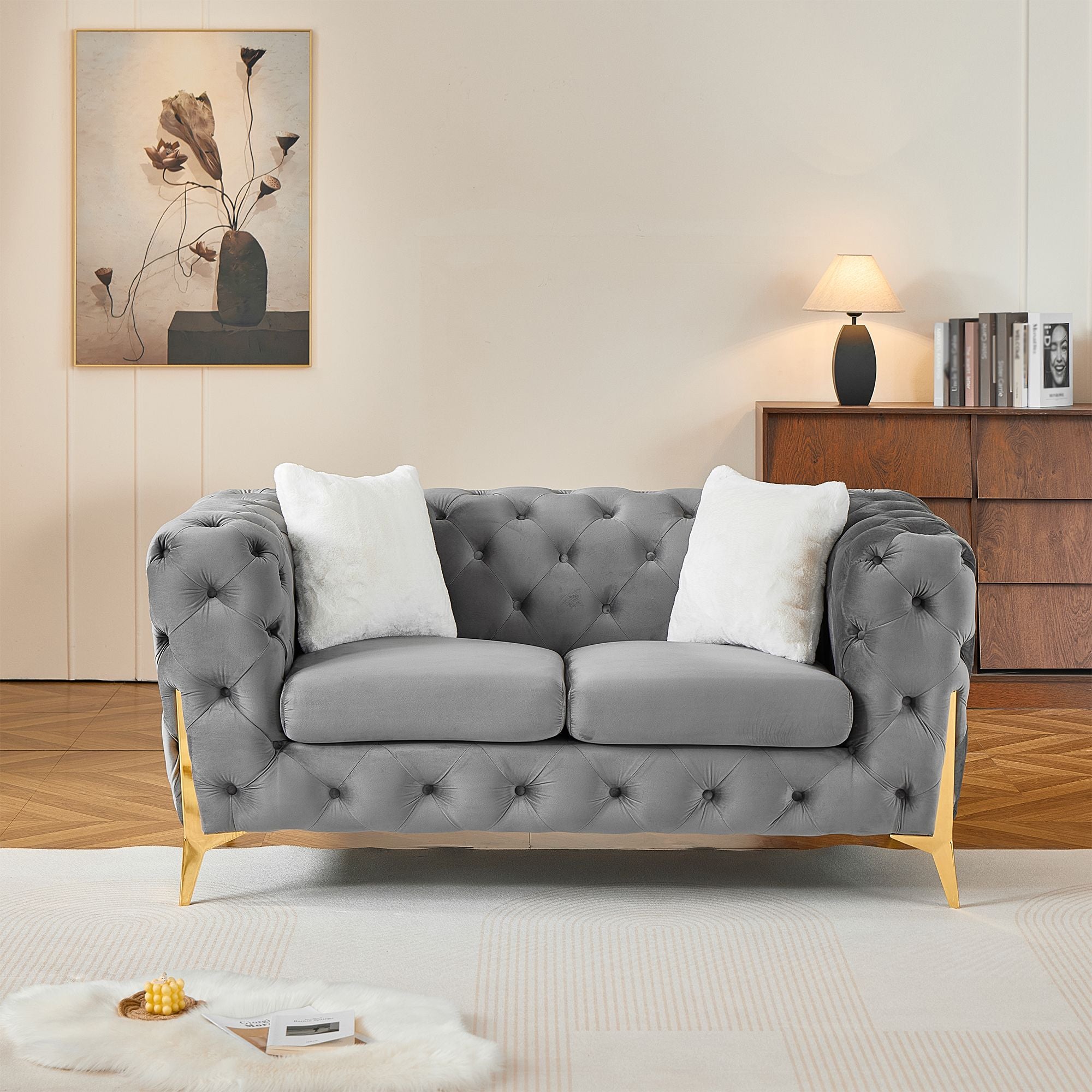 Grey 2S Chesterfield Sofa, Tufted Velvet Sofa, 2 Seater Sofa, Living Room Couch, Classic Button Tuft Sofa