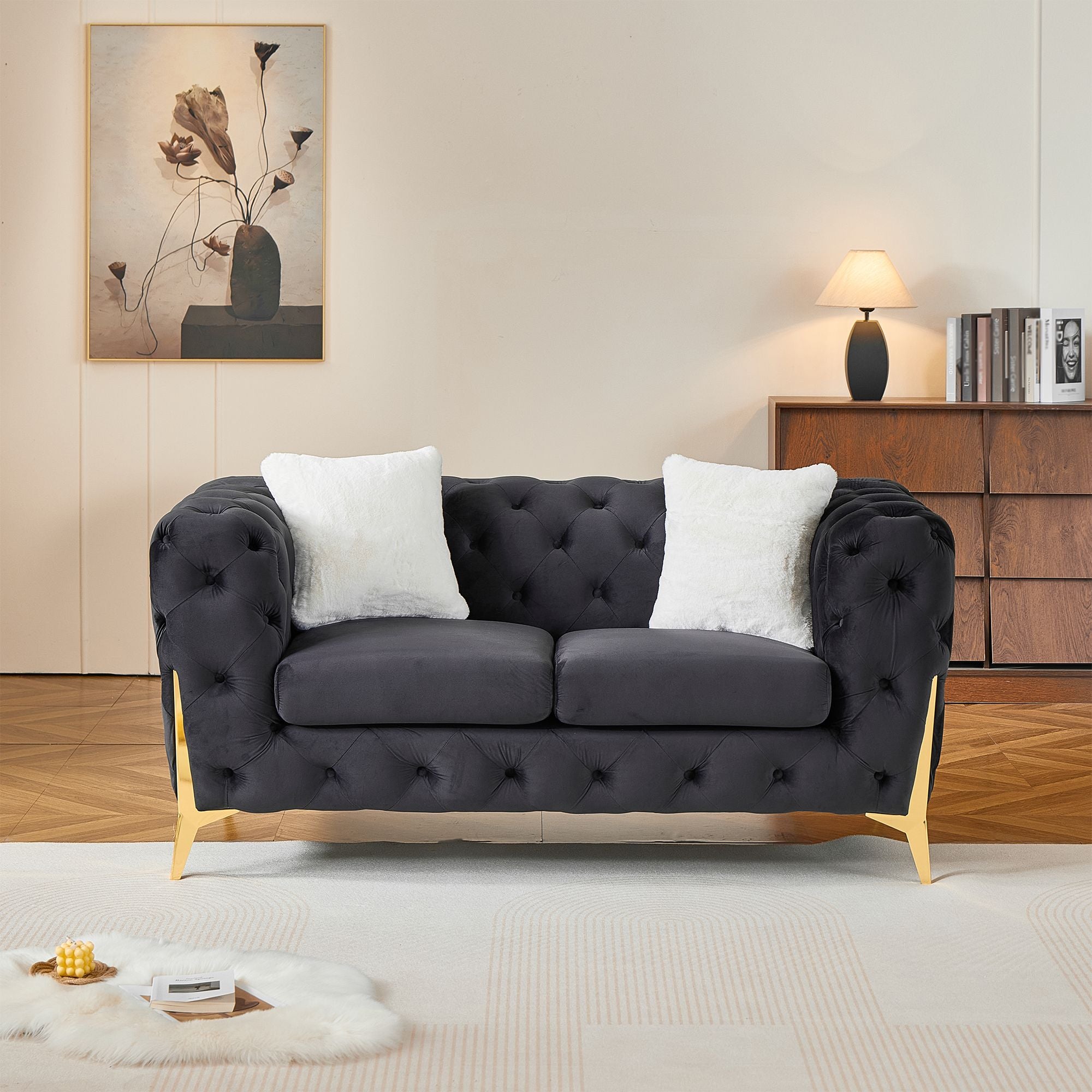 Black 2S Chesterfield Sofa, Tufted Velvet Sofa, 2 Seater Sofa, Living Room Couch, Classic Button Tuft Sofa
