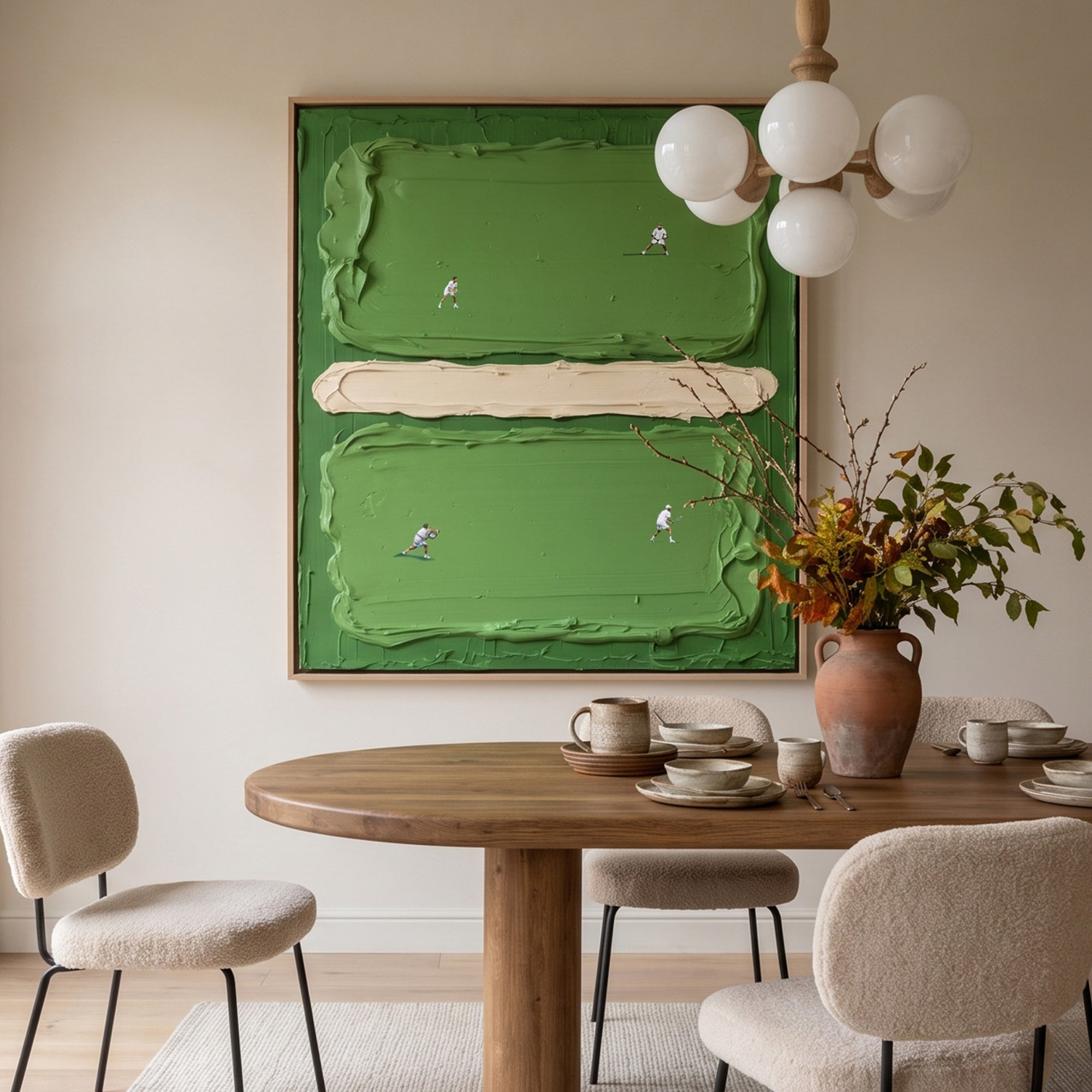 Pure Handmade Cream Green Impasto Tennis Sports Decor Canvas