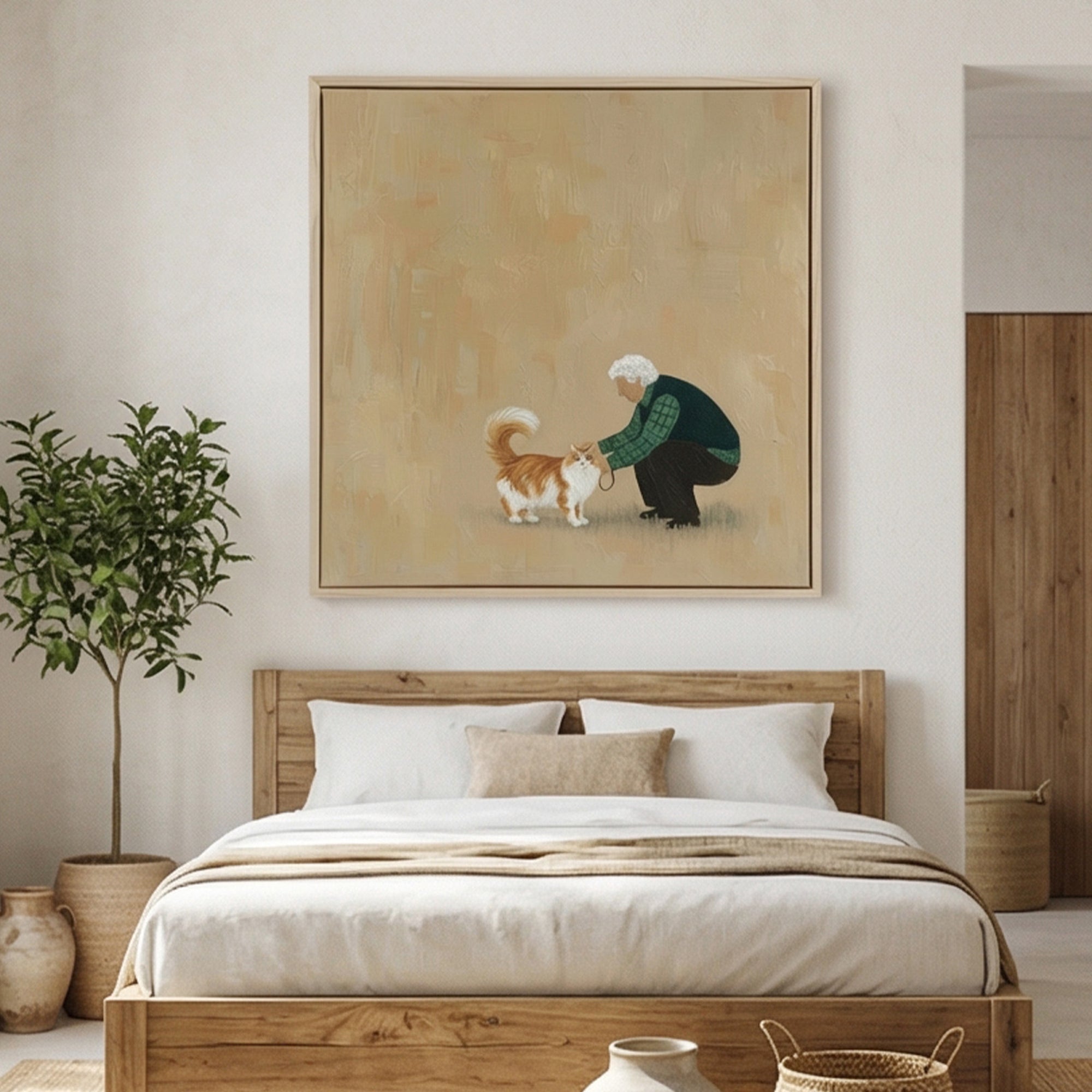Hand Painted Wabi-Sabi Abstract Old Man and Cat Oil Painting