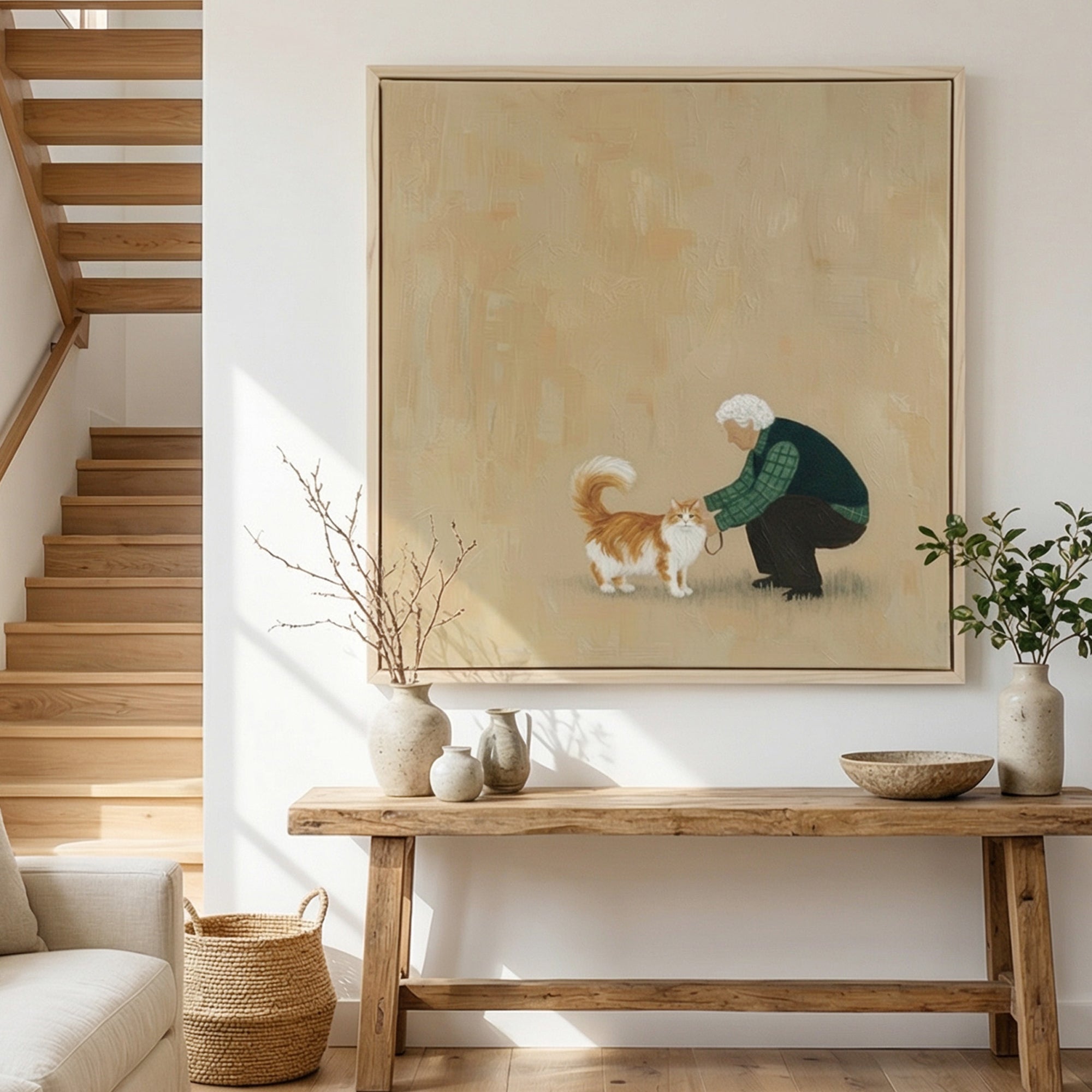 Hand Painted Wabi-Sabi Abstract Old Man and Cat Oil Painting