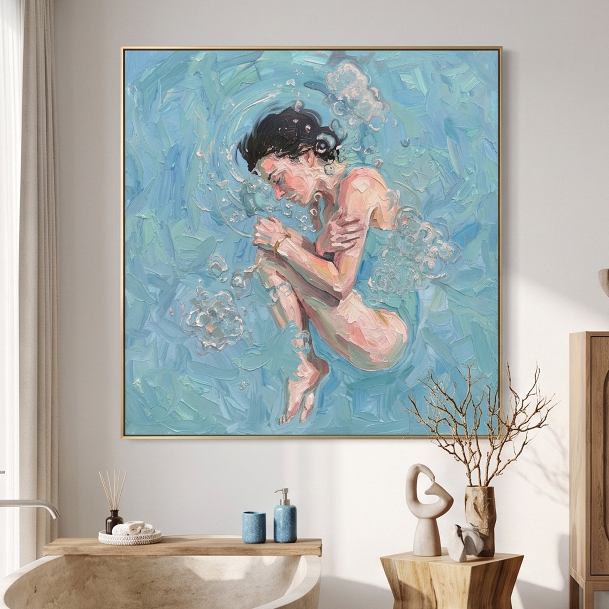 Pure Handmade Cool Blue Water Bubble Figurative Thick Impasto Square Wall Art