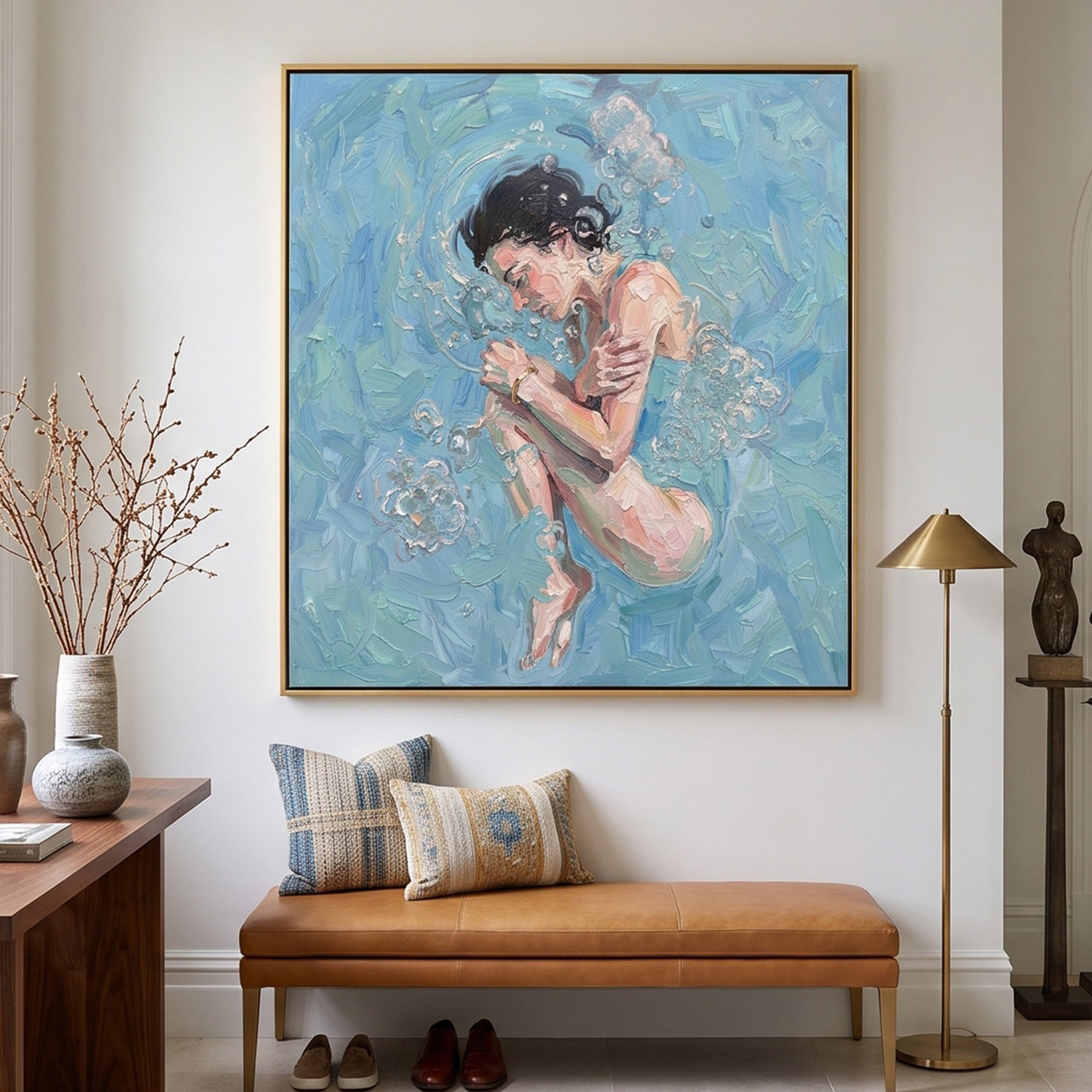 Pure Handmade Cool Blue Water Bubble Figurative Thick Impasto Square Wall Art