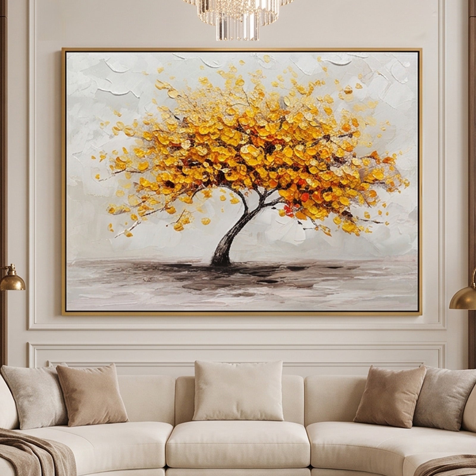 Handmade Yellow Leaf Tree Textured Landscape Square Home Decor