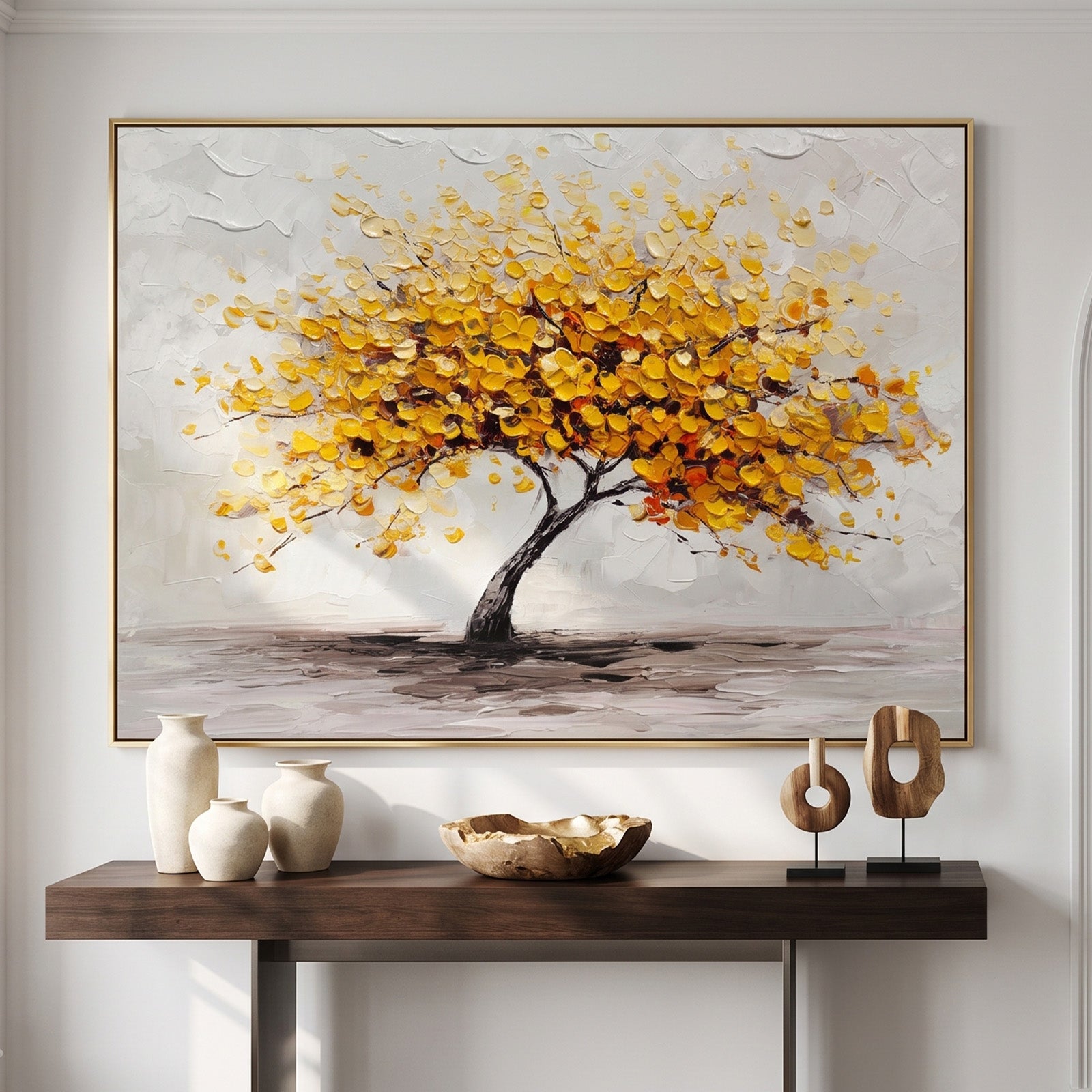 Handmade Yellow Leaf Tree Textured Landscape Square Home Decor