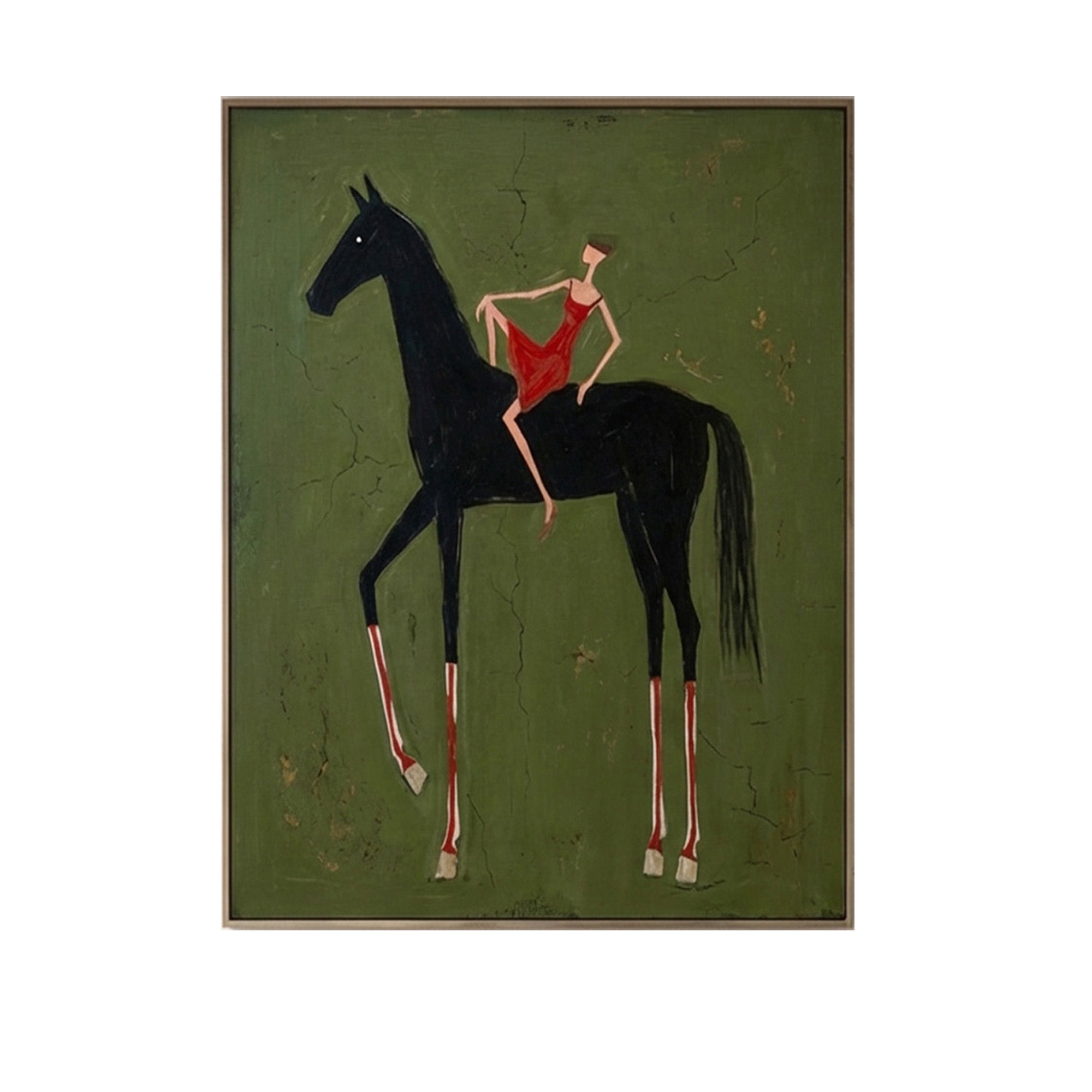 Pure Handmade Retro Olive Green Figure Horse Textured Canvas Decor
