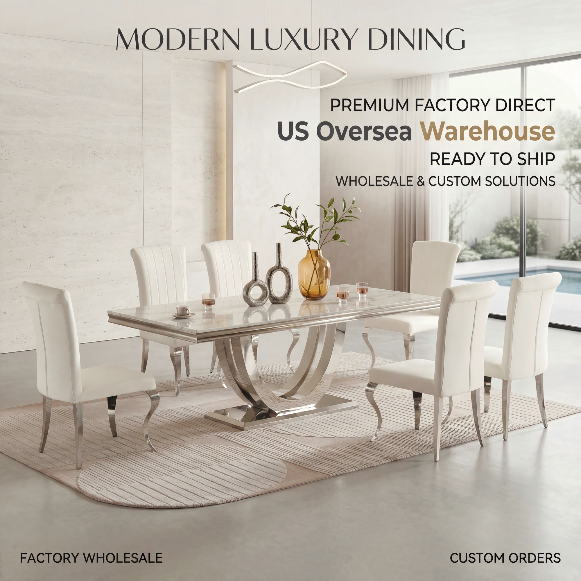 Modern Dining Table with Marble Top & 201 Stainless Steel U-Base, Luxury 6-8 Seater Kitchen Table, Gold/Silver Mirror Finish