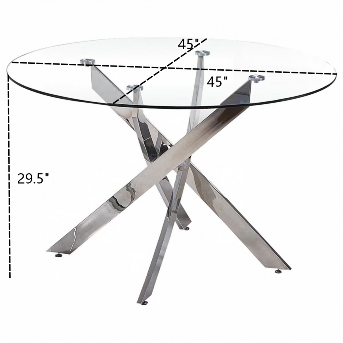 DT012-Round Tempered Glass Dining Table with Chrome Metal X‑Shape Base