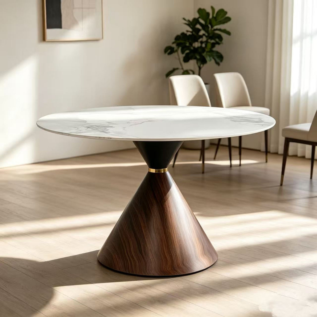 DT016-Contemporary Round Sintered Stone Dinner Table, Single Cone Pedestal Dining Table