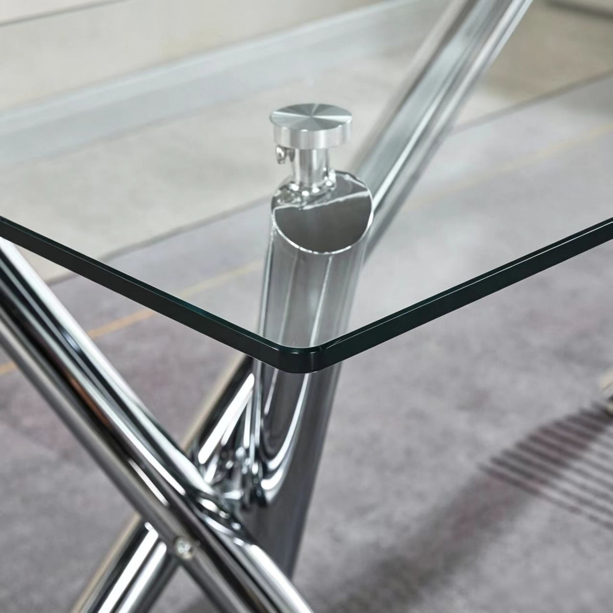 DT018-Contemporary Clear Glass Dining Table, Polished Chrome Cross Metal Base, Minimalist Dinner Table for Home