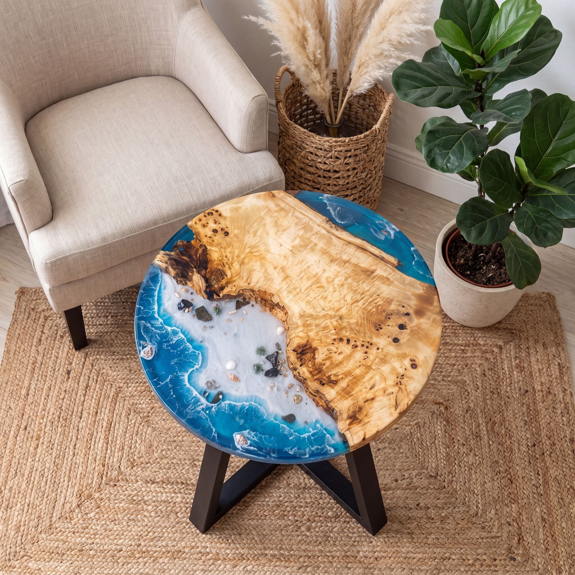 Poplar Blue Epoxy Round Coffee Table-PLSY02(Tabletop only, legs not included)