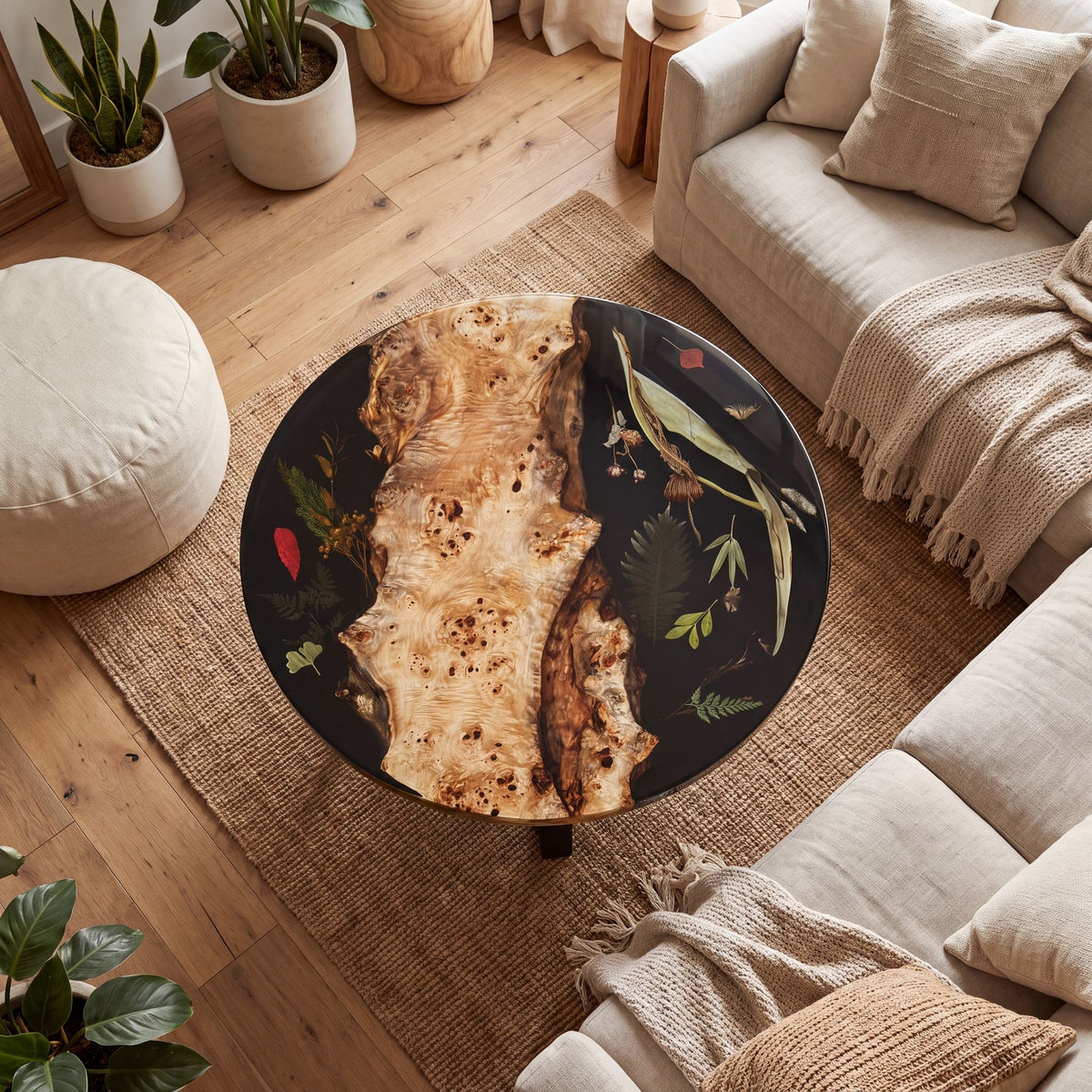 Poplar Black Epoxy with Floral Round Coffee Table-PLFY03(Tabletop only, legs not included)