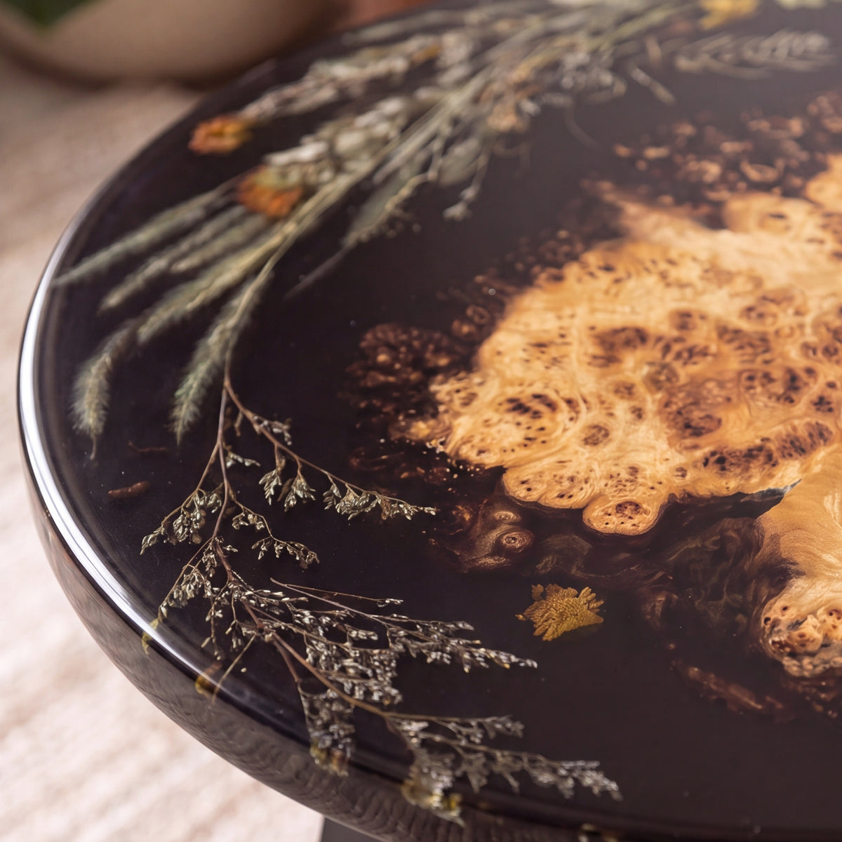 Poplar Black Epoxy with Floral Round Coffee Table-PLFY02(Tabletop with legs)