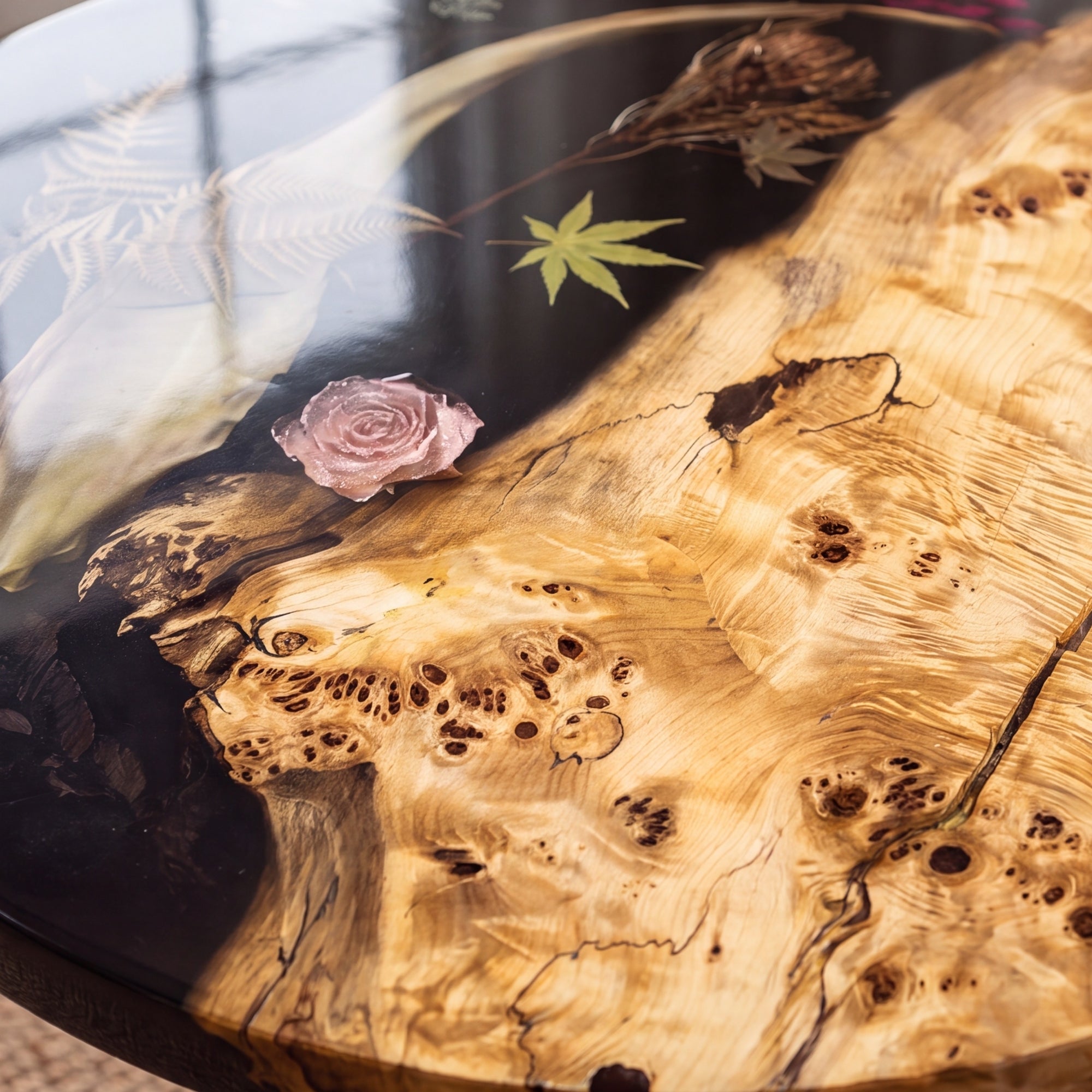 Poplar Black Epoxy with Floral Round Coffee Table-PLFY01(Tabletop only, legs not included)
