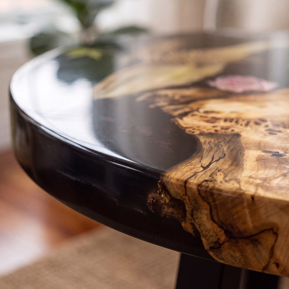 Poplar Black Epoxy with Floral Round Coffee Table-PLFY01(Tabletop only, legs not included)