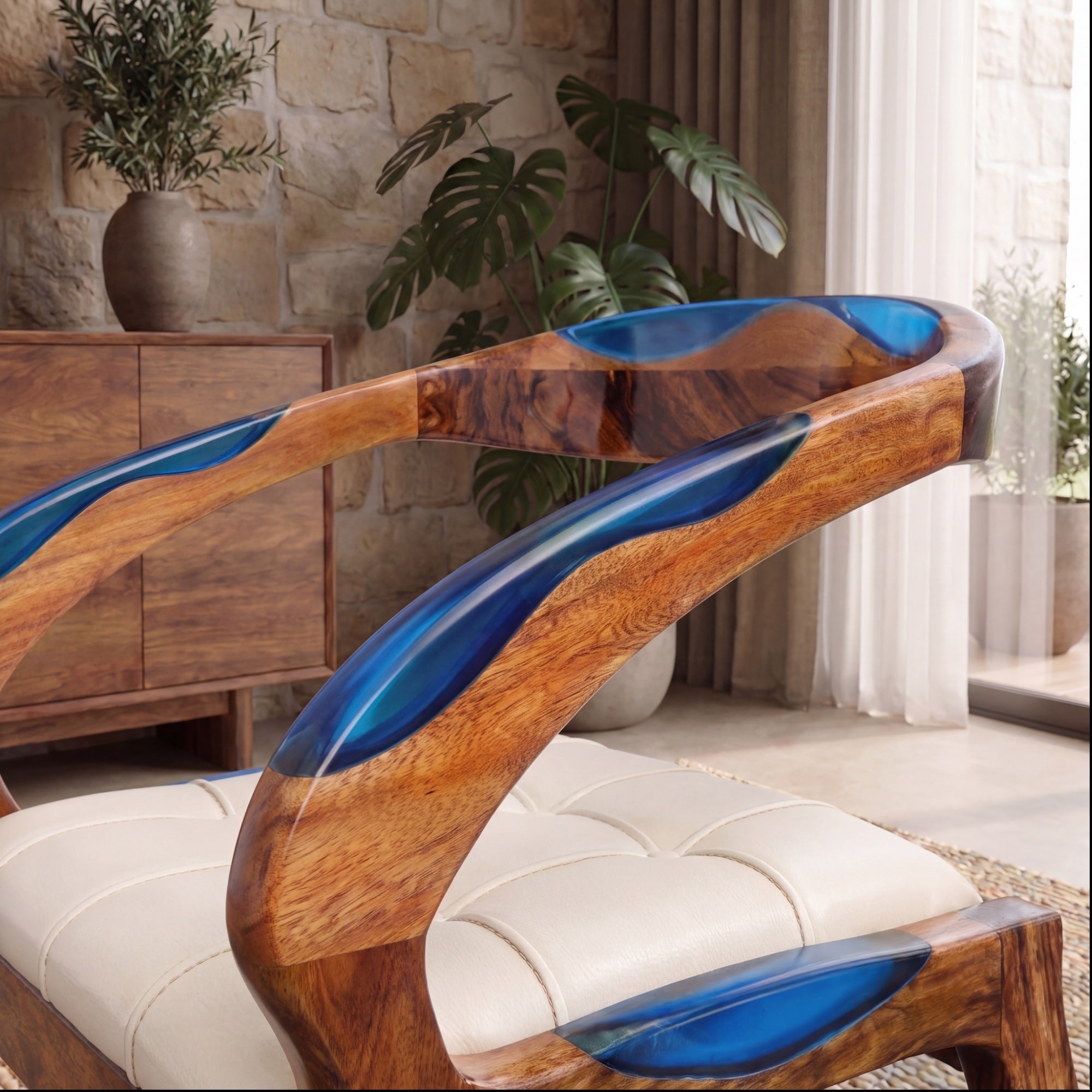 Walnut Smurf Blue Epoxy Arm Chair 2pcs/CTN