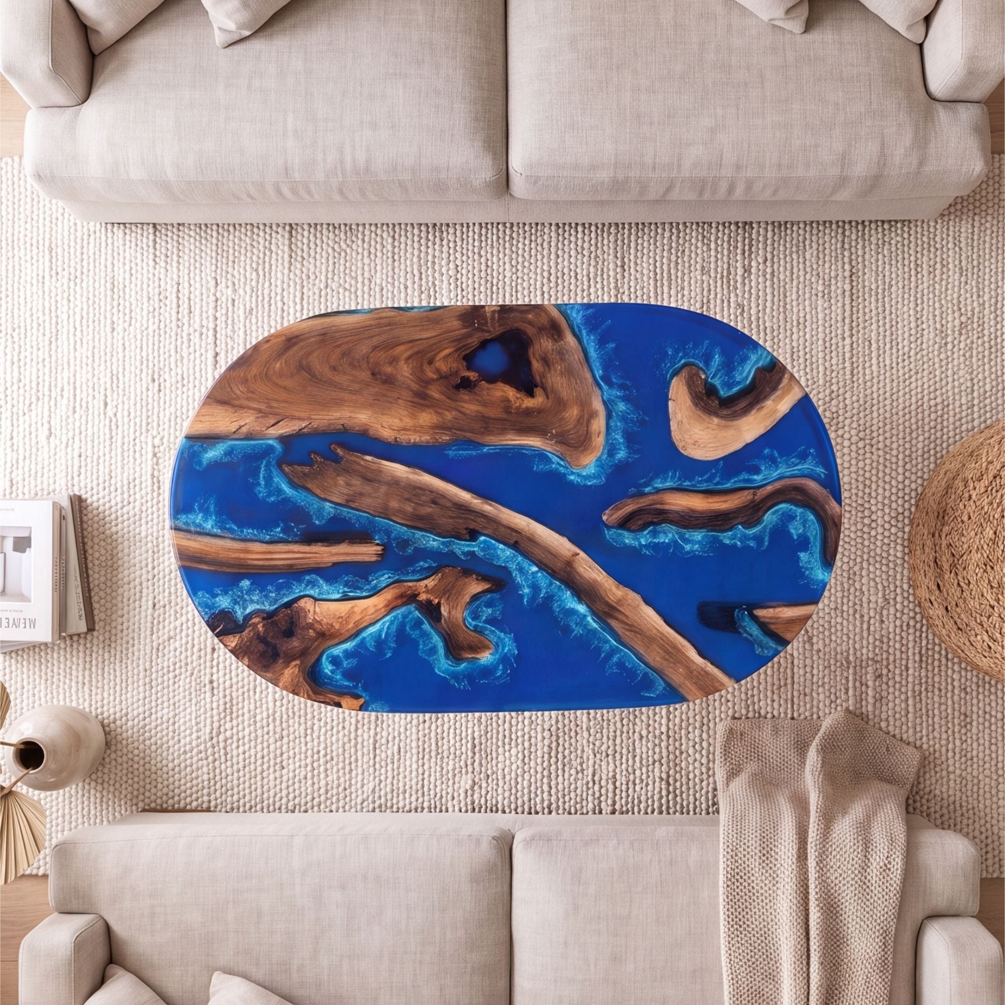 Black Walnut Blue Epoxy Oval Coffee Table(Tabletop only, legs not included)