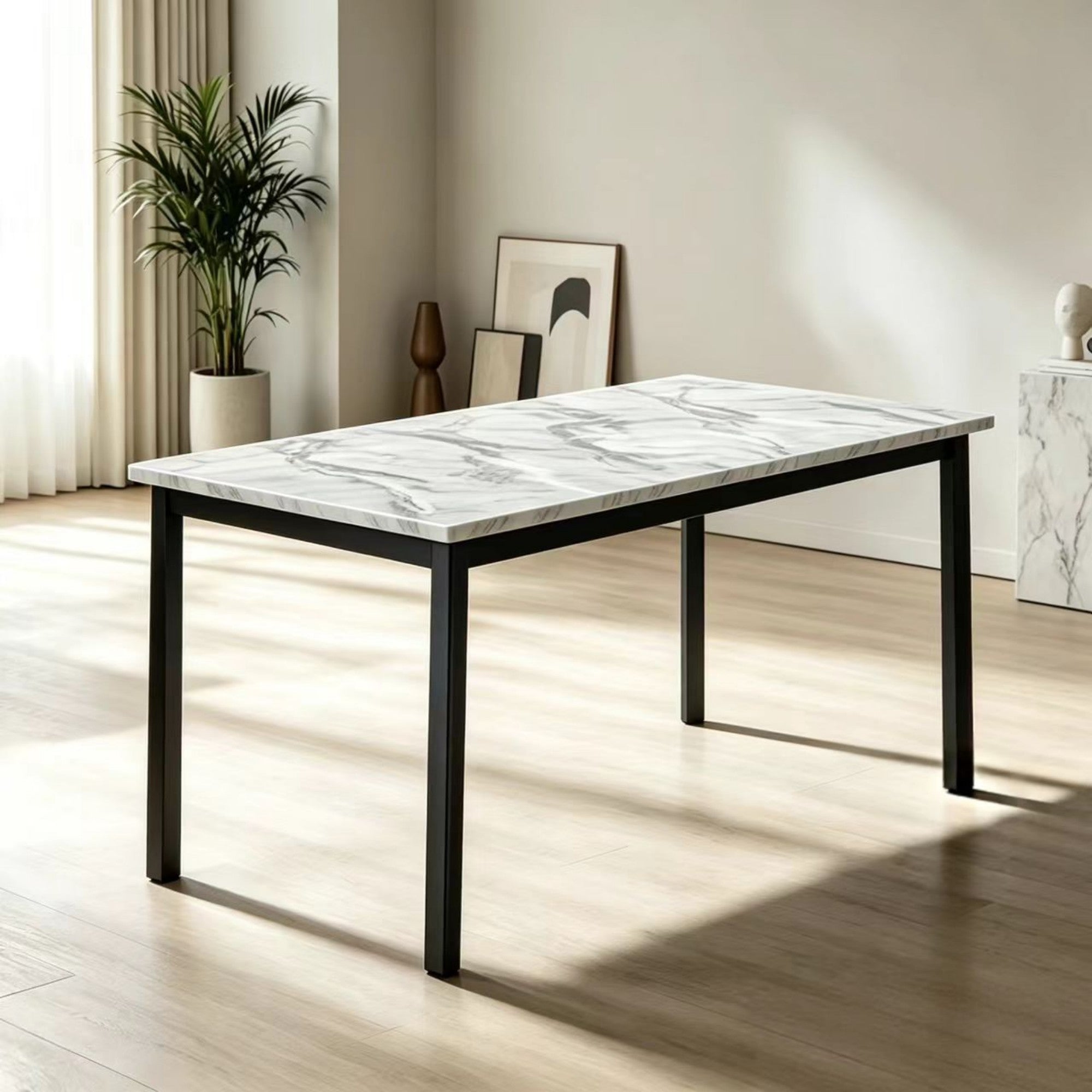 DT013-Rectangular Black Marble‑Effect Dining Table with Black Metal Legs
