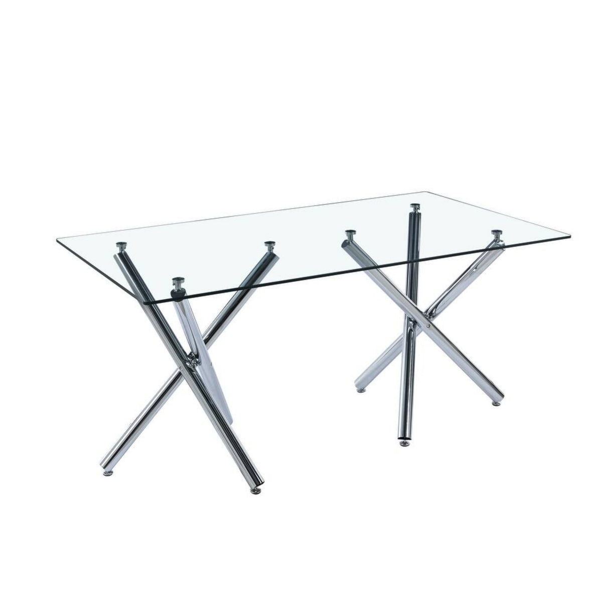 DT018-Contemporary Clear Glass Dining Table, Polished Chrome Cross Metal Base, Minimalist Dinner Table for Home