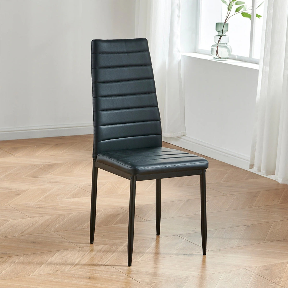 CH014-2PCS/CTN-Upholstered Striped High Back Kitchen Chair, Black Metal Leg Dining Chair