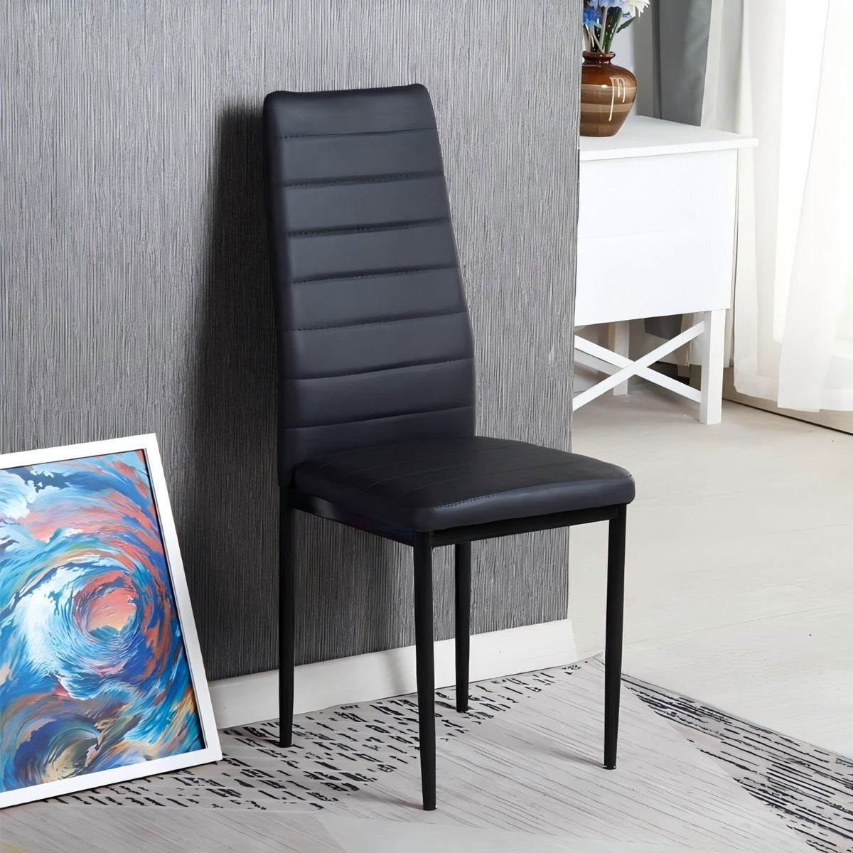 CH014-2PCS/CTN-Upholstered Striped High Back Kitchen Chair, Black Metal Leg Dining Chair