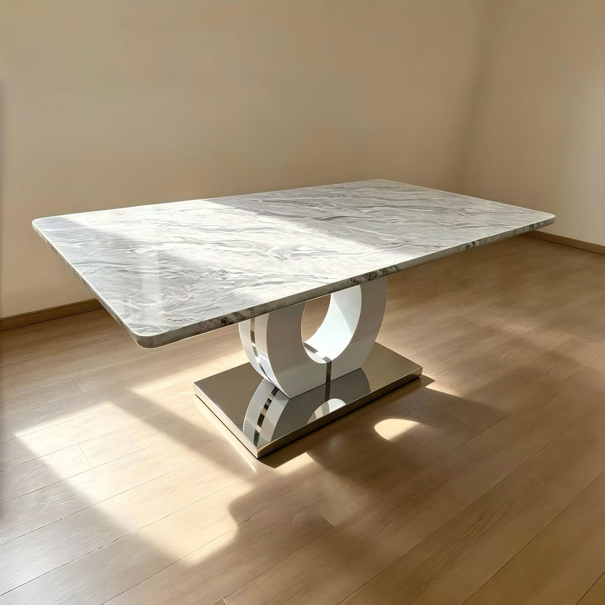 DT002-Modern Rectangular Dining Table with Polished Stainless Steel Base for Dining Room Kitchen