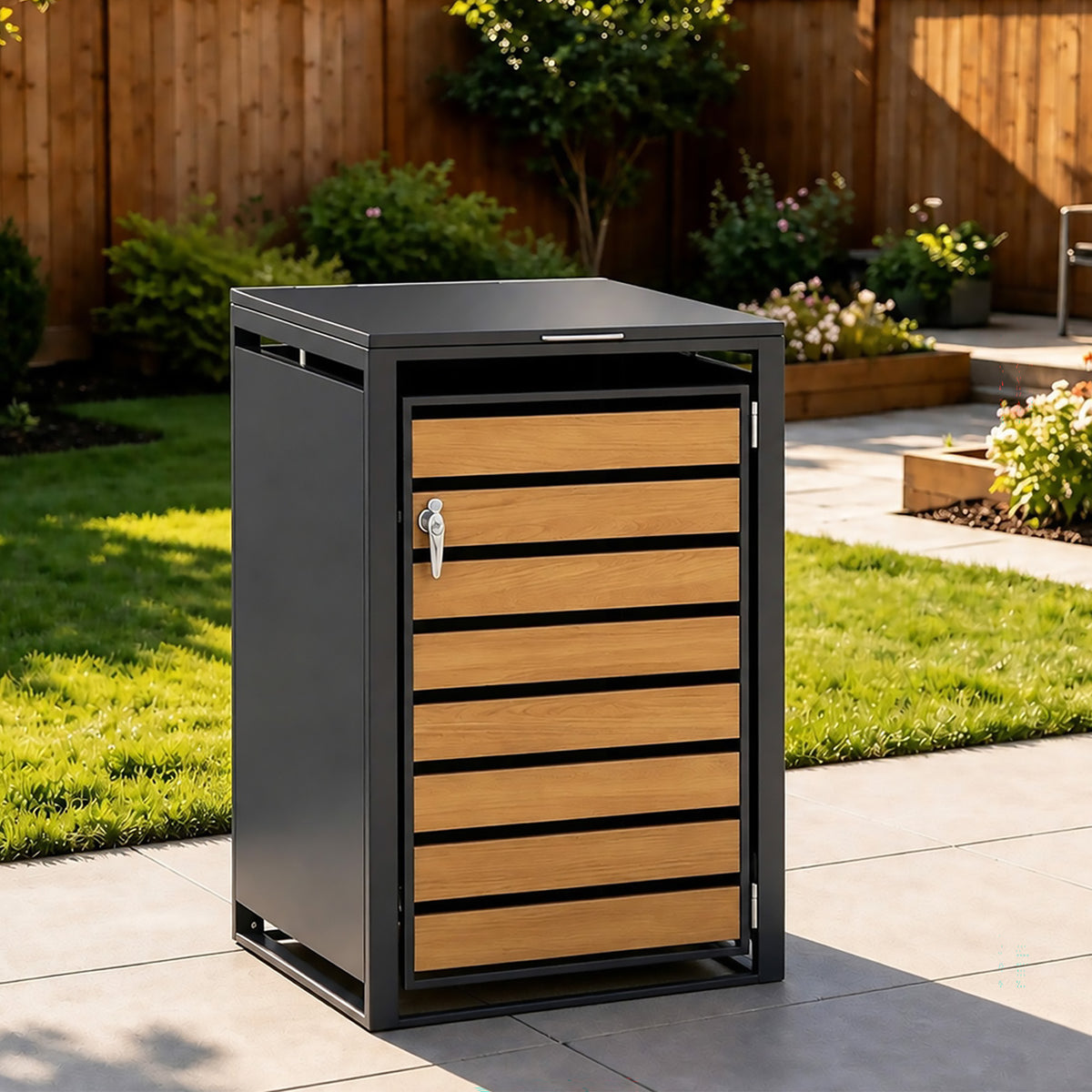 96 GALLON SINGLE-DOOR STEEL TRASH CAN ENCLOSURE WITH NATURE WOOD GRAIN FRONT DOOR