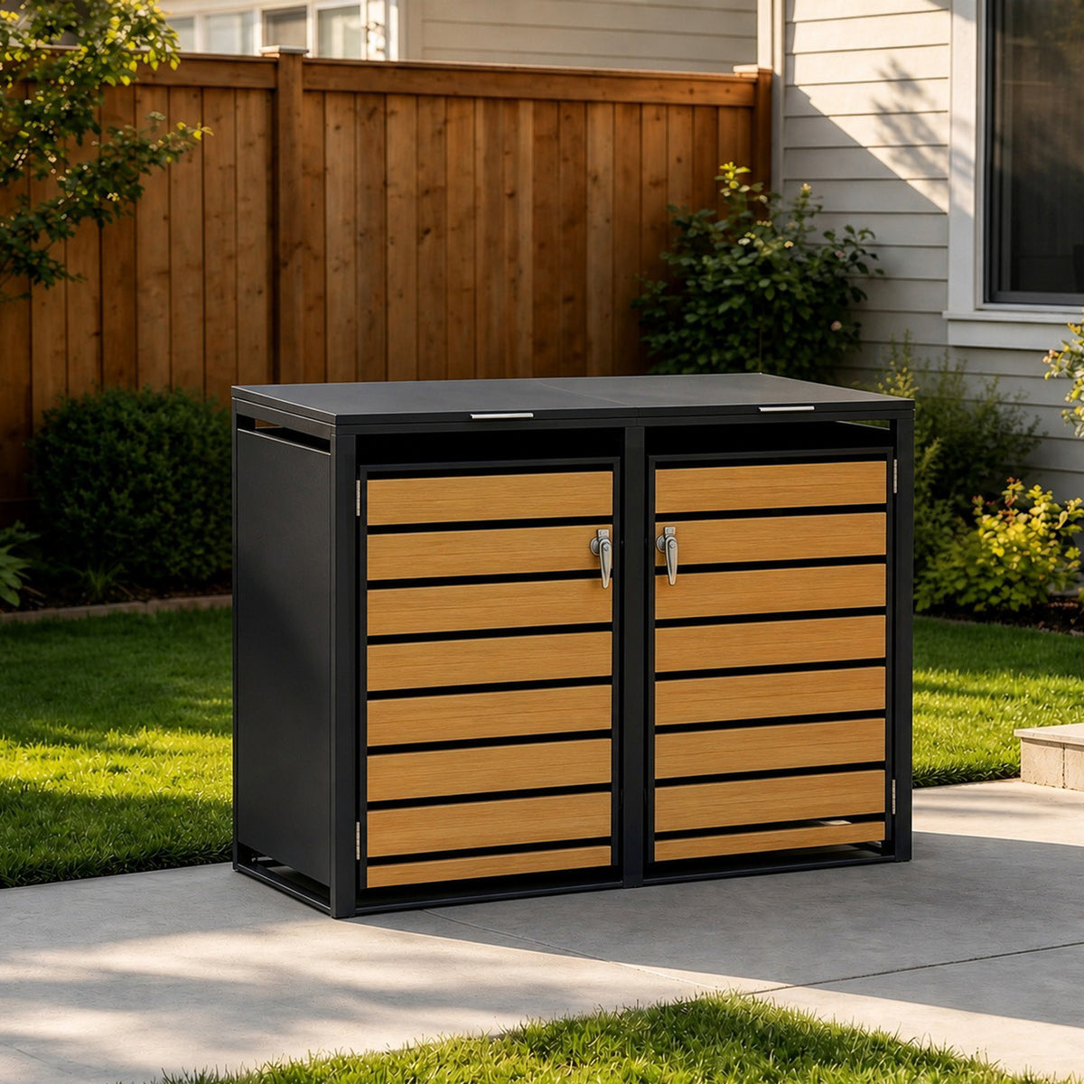 96 GALLON DOUBLE-DOOR STEEL TRASH CAN ENCLOSURE WITH NATURE WOOD GRAIN FRONT DOOR
