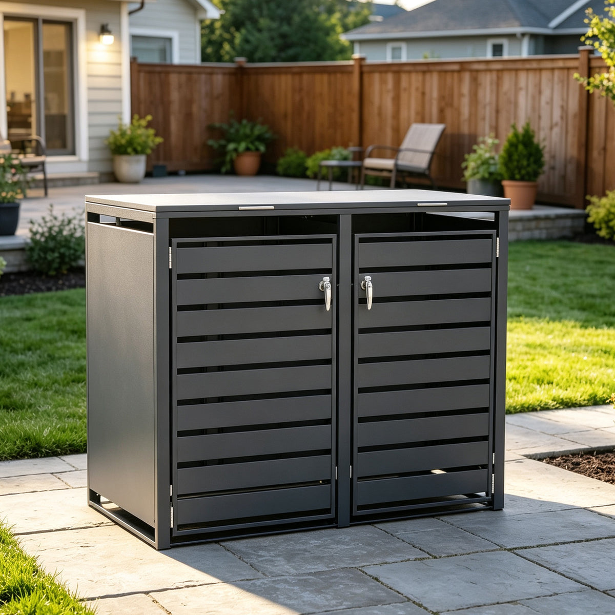 96 Gallon Double-door Steel Trash Can Enclosure - Grey & Wood Grain Options