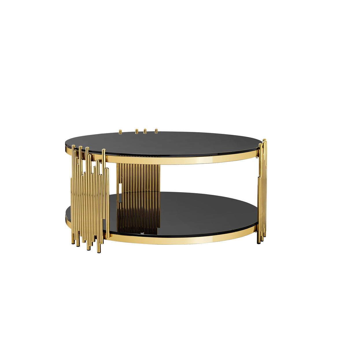 2-Tier Gold Stainless Steel Coffee Table with Black Tempered Glass Top, Storage for Living Room
