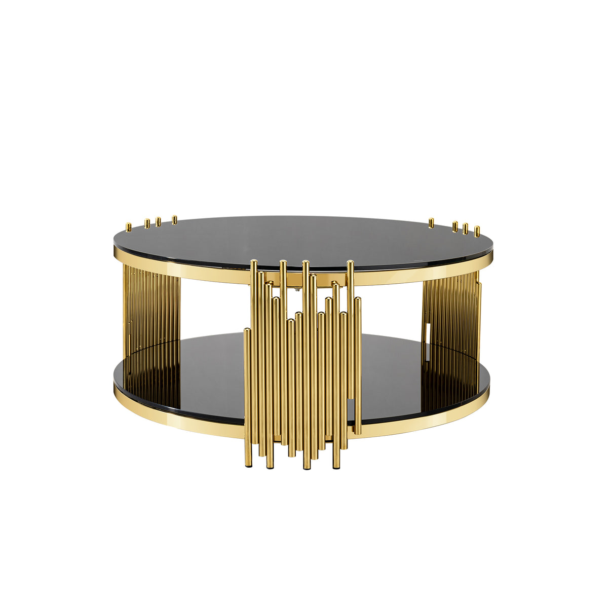 2-Tier Gold Stainless Steel Coffee Table with Black Tempered Glass Top, Storage for Living Room