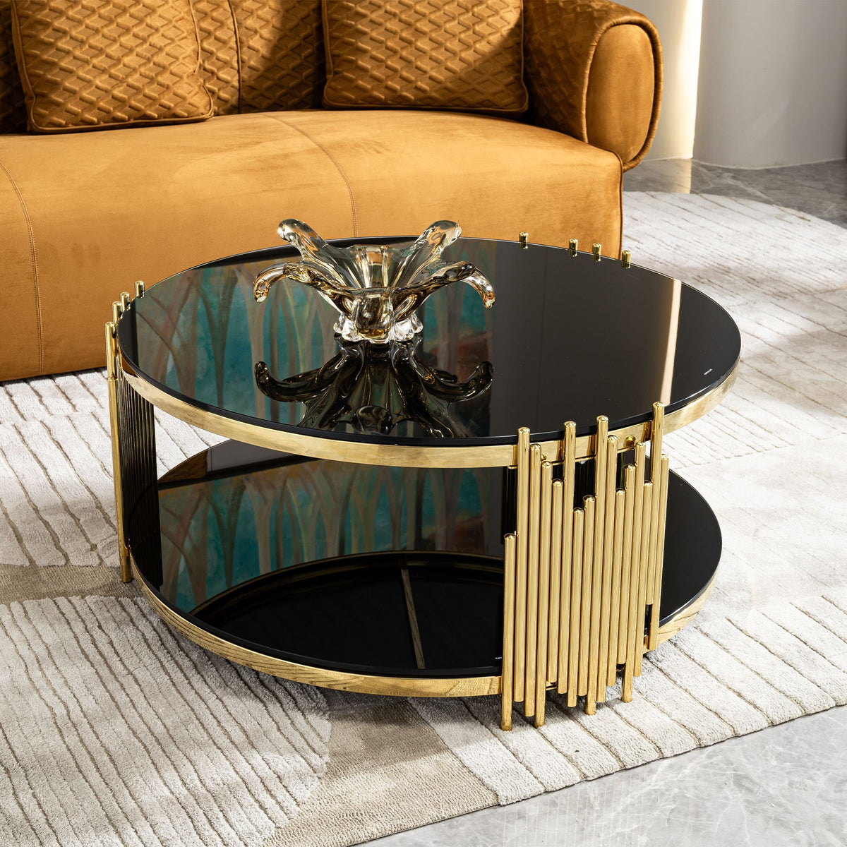 2-Tier Gold Stainless Steel Coffee Table with Black Tempered Glass Top, Storage for Living Room