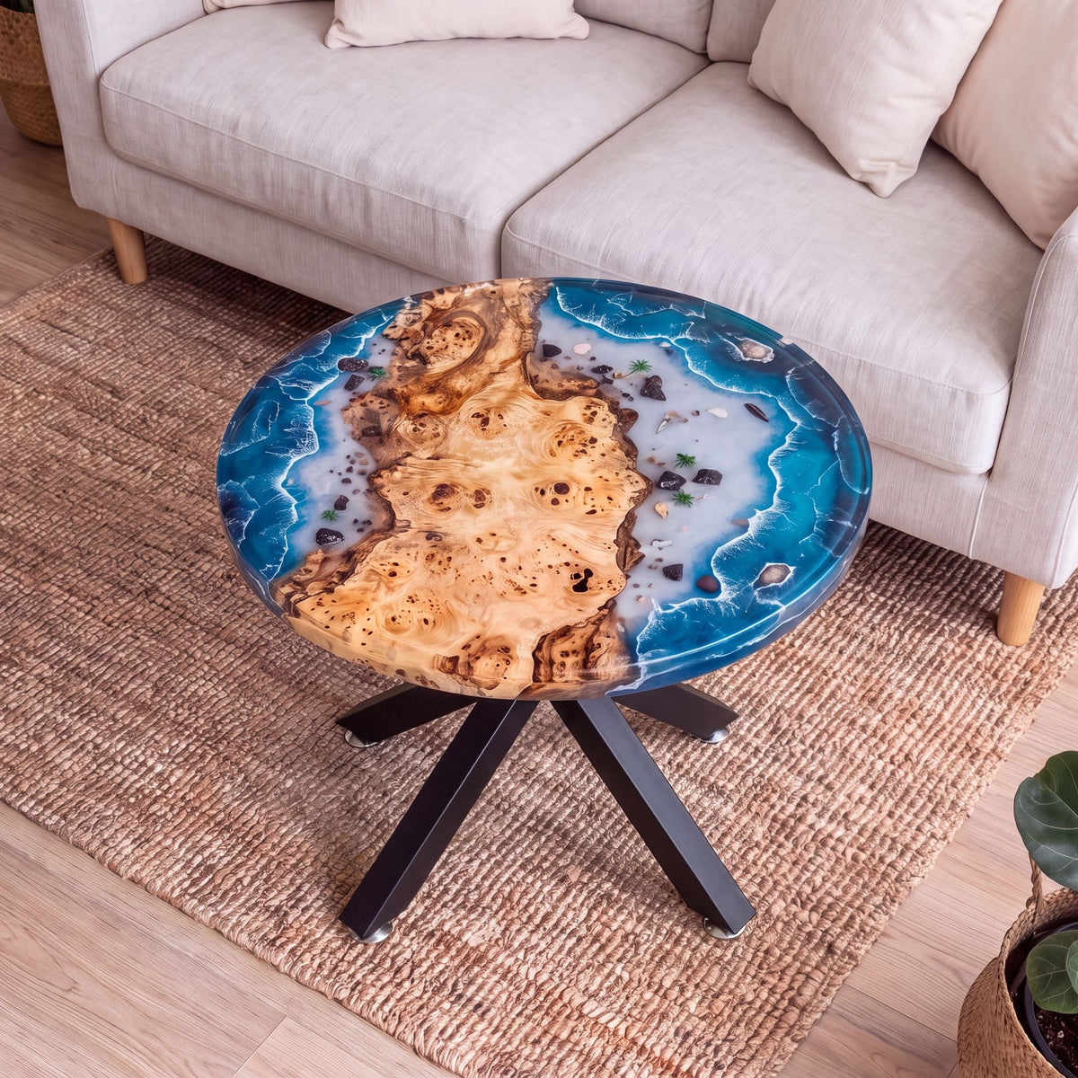 Poplar Blue Epoxy Round Coffee Table-PLSY01(Tabletop with legs)